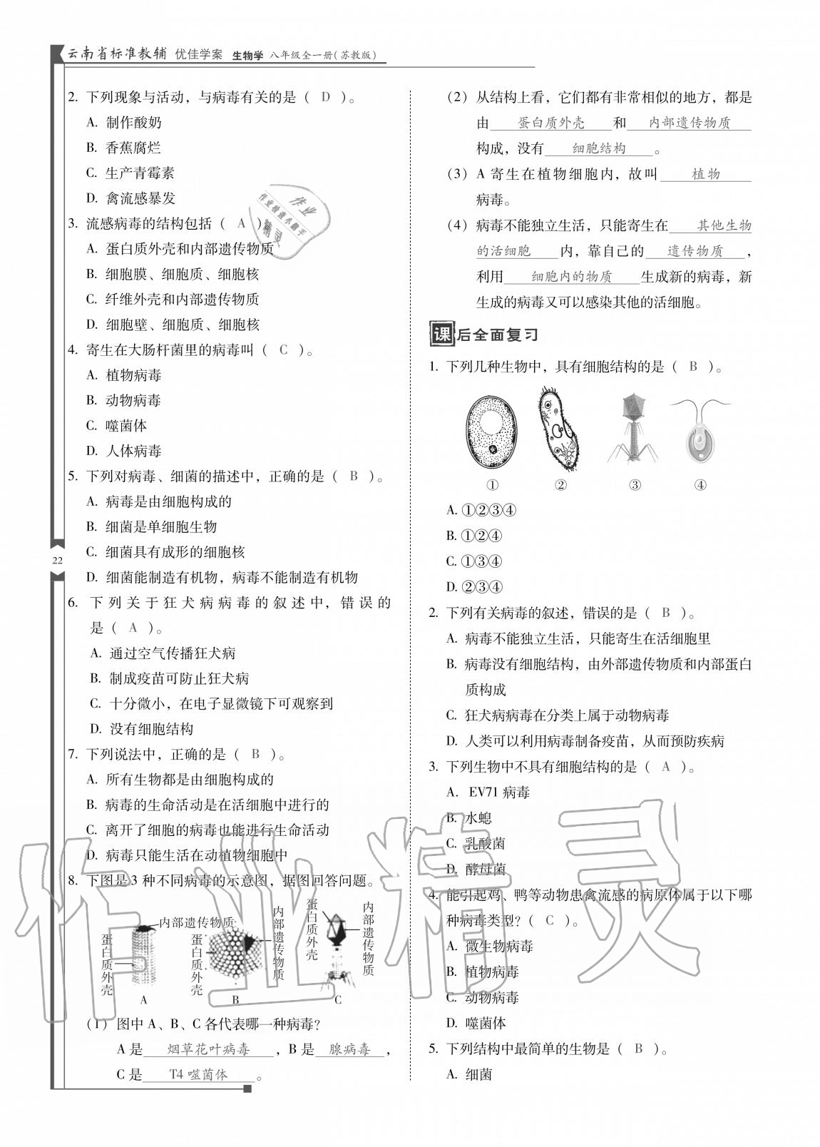 2020年云南省標(biāo)準(zhǔn)教輔優(yōu)佳學(xué)案八年級(jí)生物全一冊(cè)蘇教版 參考答案第22頁