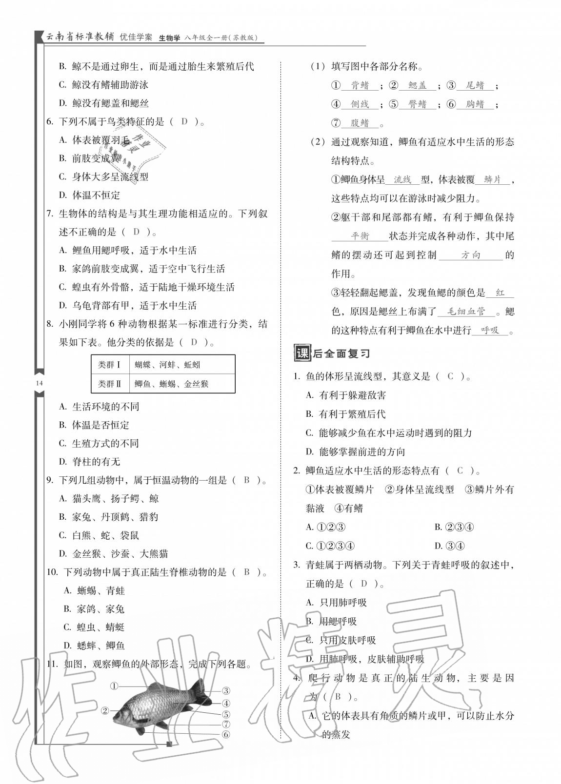 2020年云南省標(biāo)準(zhǔn)教輔優(yōu)佳學(xué)案八年級(jí)生物全一冊(cè)蘇教版 參考答案第14頁(yè)