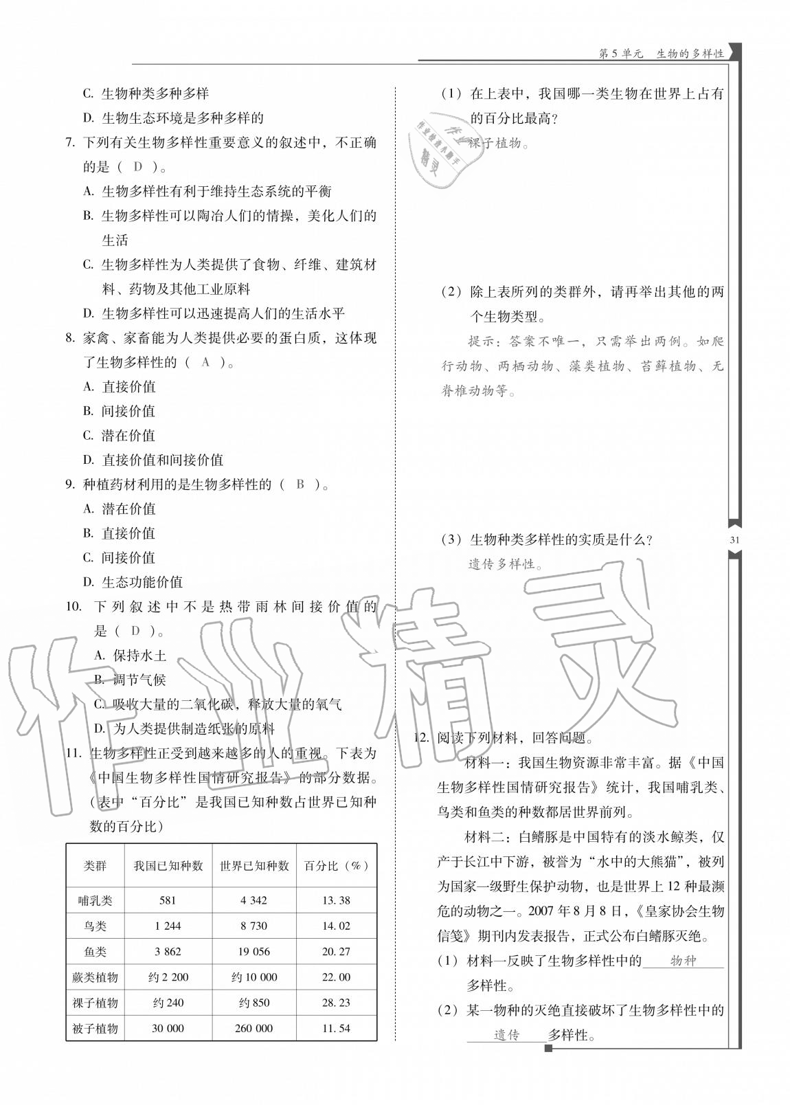 2020年云南省標準教輔優(yōu)佳學案八年級生物全一冊蘇教版 參考答案第31頁