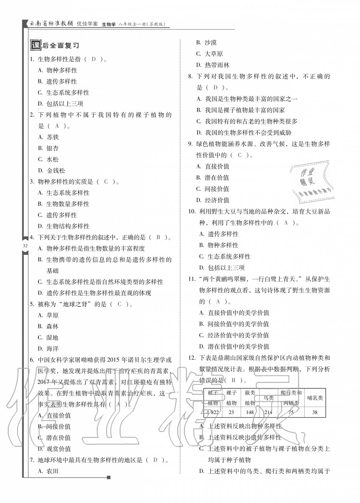 2020年云南省標準教輔優(yōu)佳學案八年級生物全一冊蘇教版 參考答案第32頁