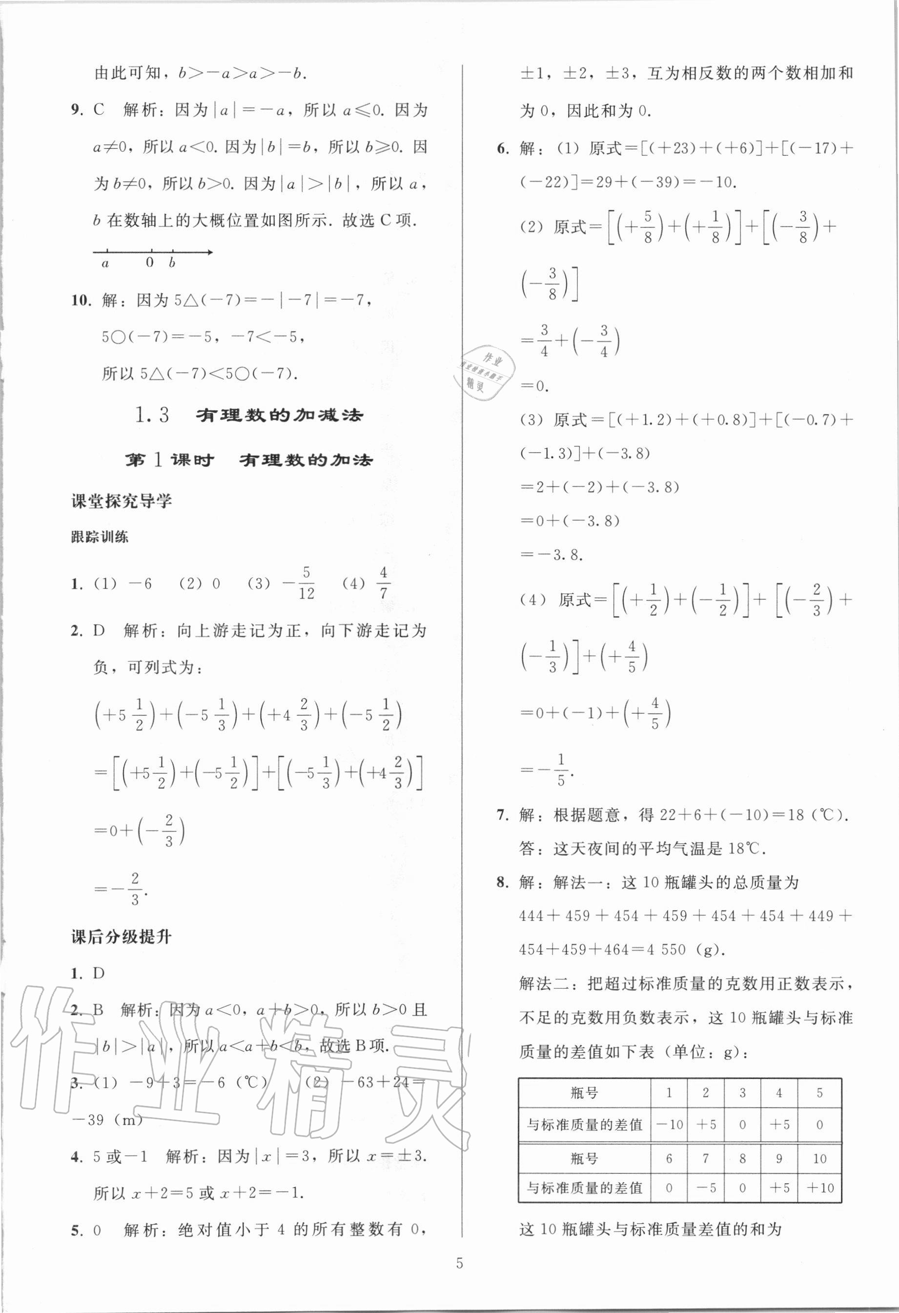 2020年初中同步练习册七年级数学上册人教版山东专版人民教育出版社 参考答案第4页