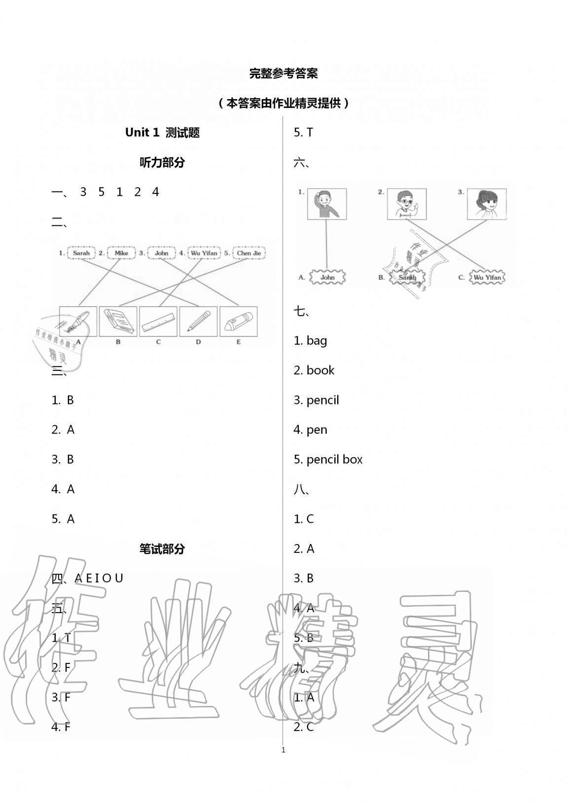 2020年同步練習(xí)冊配套單元自測試卷三年級英語上冊人教版 第1頁