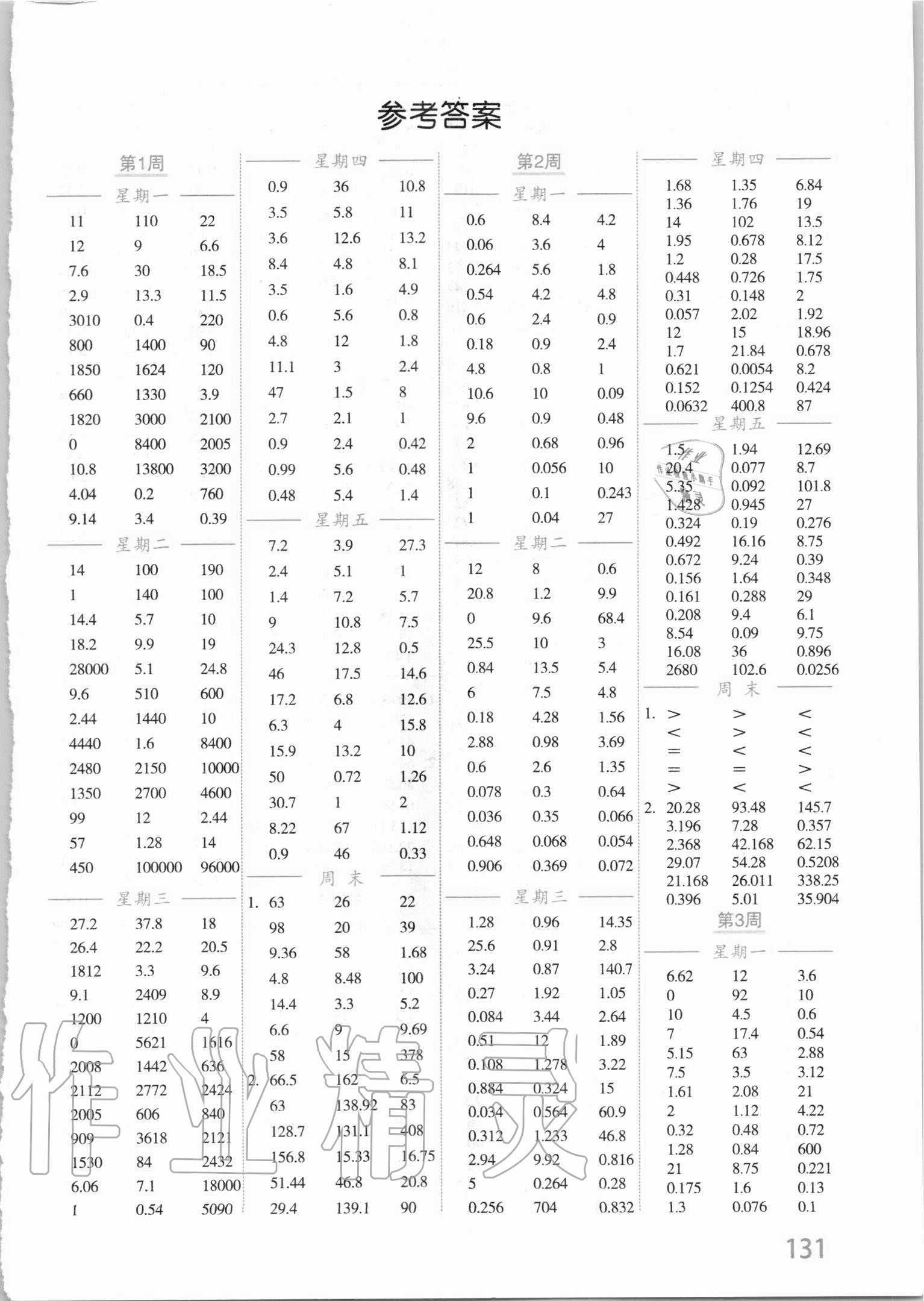 2020年小學(xué)數(shù)學(xué)計(jì)算高手五年級上冊四川教育出版社 參考答案第1頁