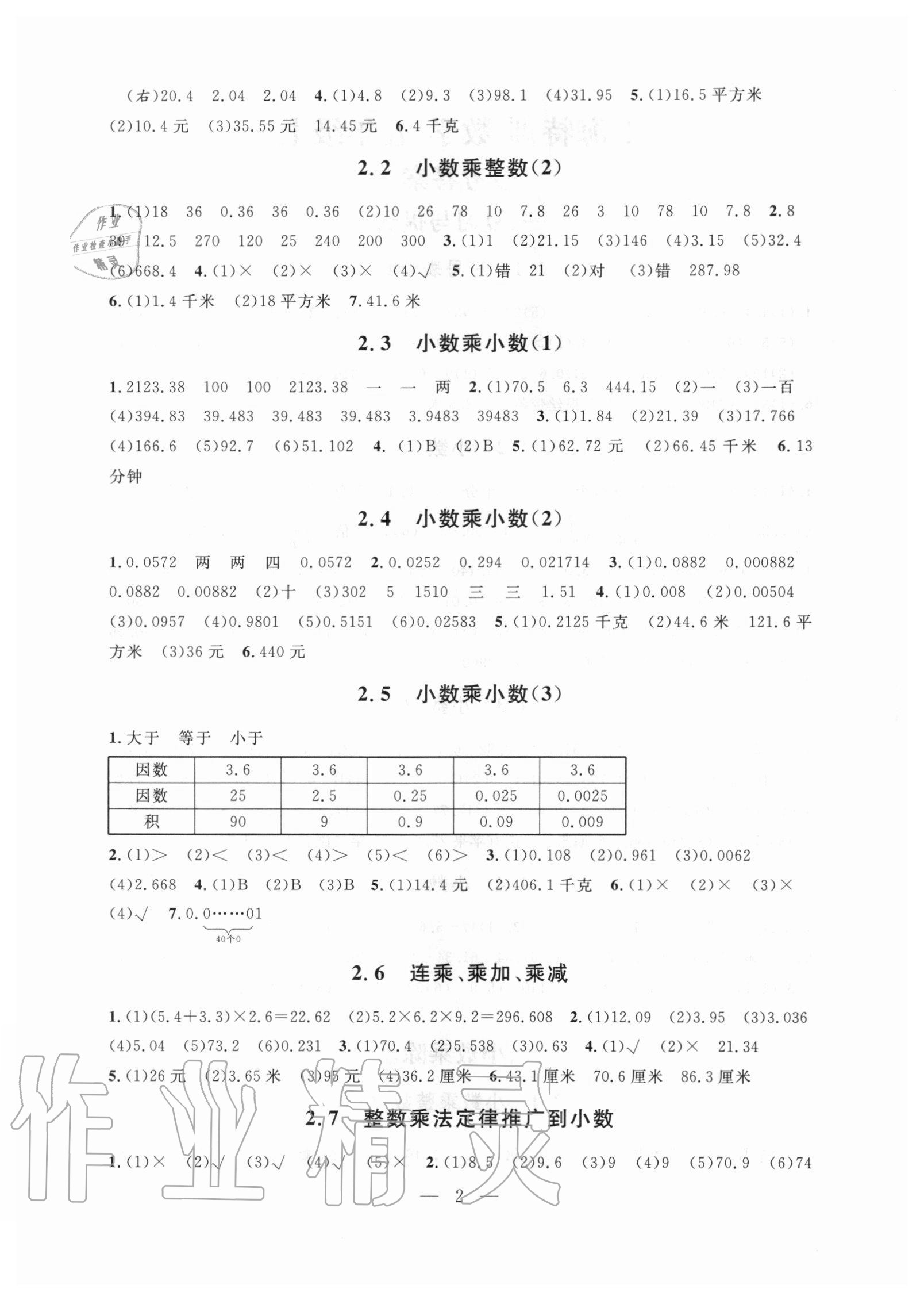 2020年一本搞定上海特训五年级数学上册沪教版五四制上海专版 参考答案第2页