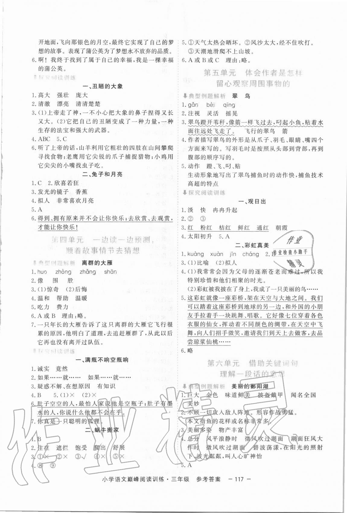2020年新視野小學語文巔峰閱讀訓練三年級人教版 參考答案第2頁