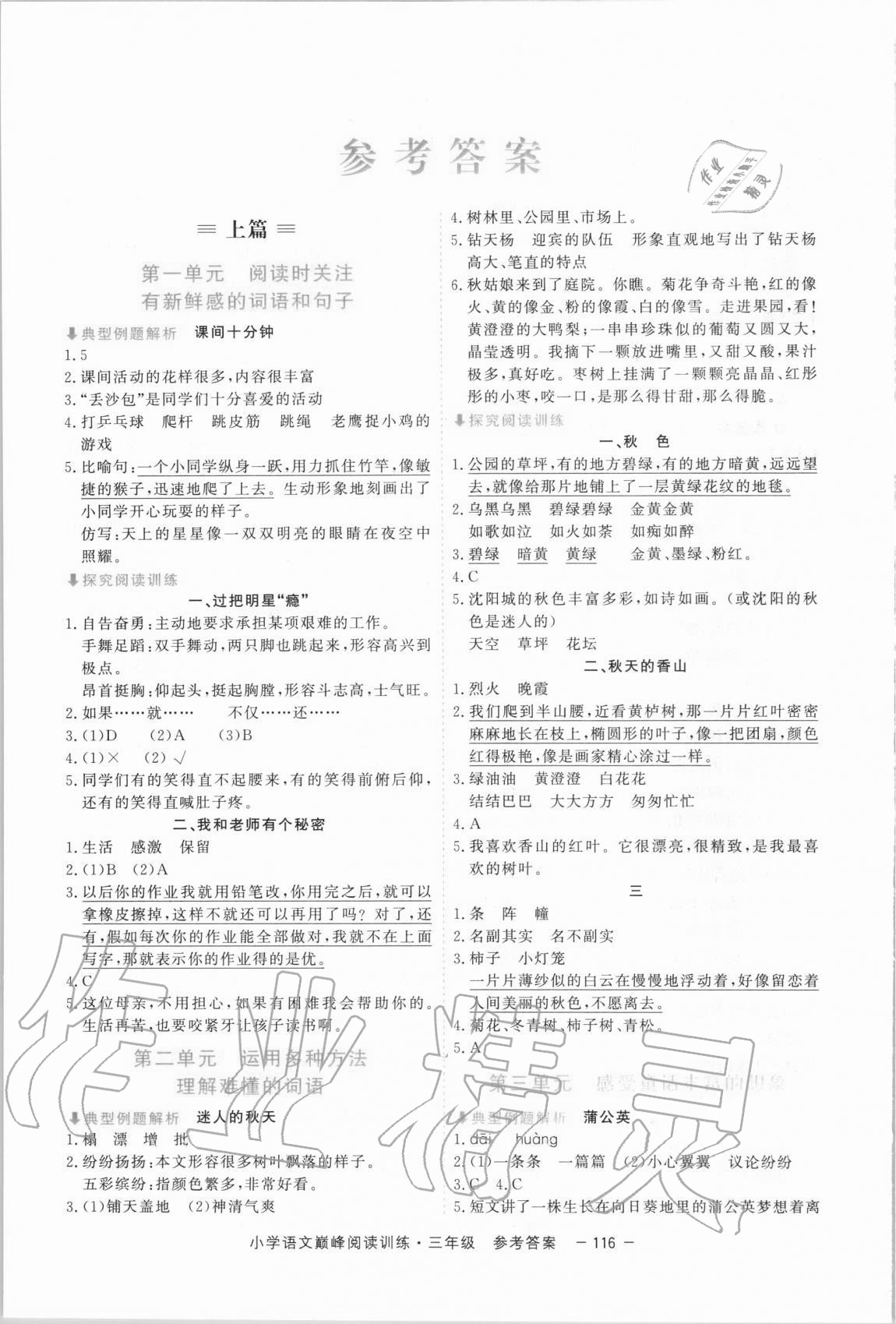 2020年新視野小學語文巔峰閱讀訓練三年級人教版 參考答案第1頁