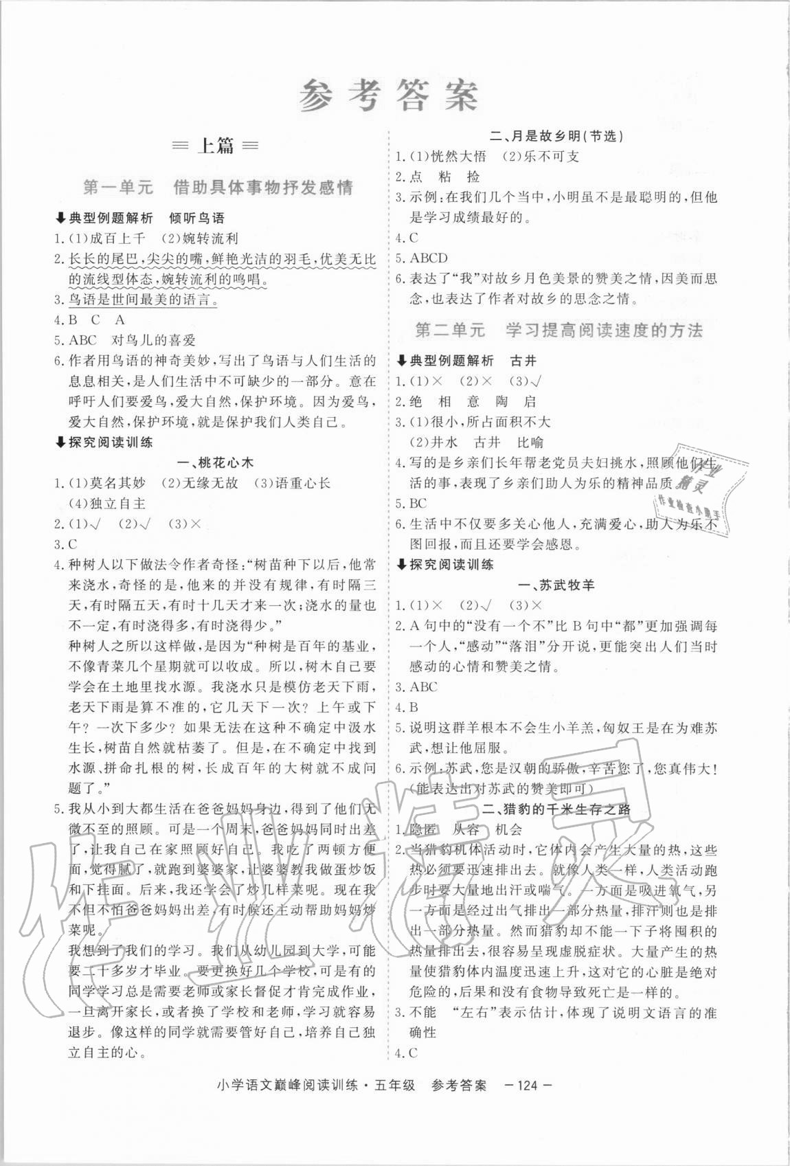 2020年新視野小學語文巔峰閱讀訓練五年級人教版 參考答案第1頁