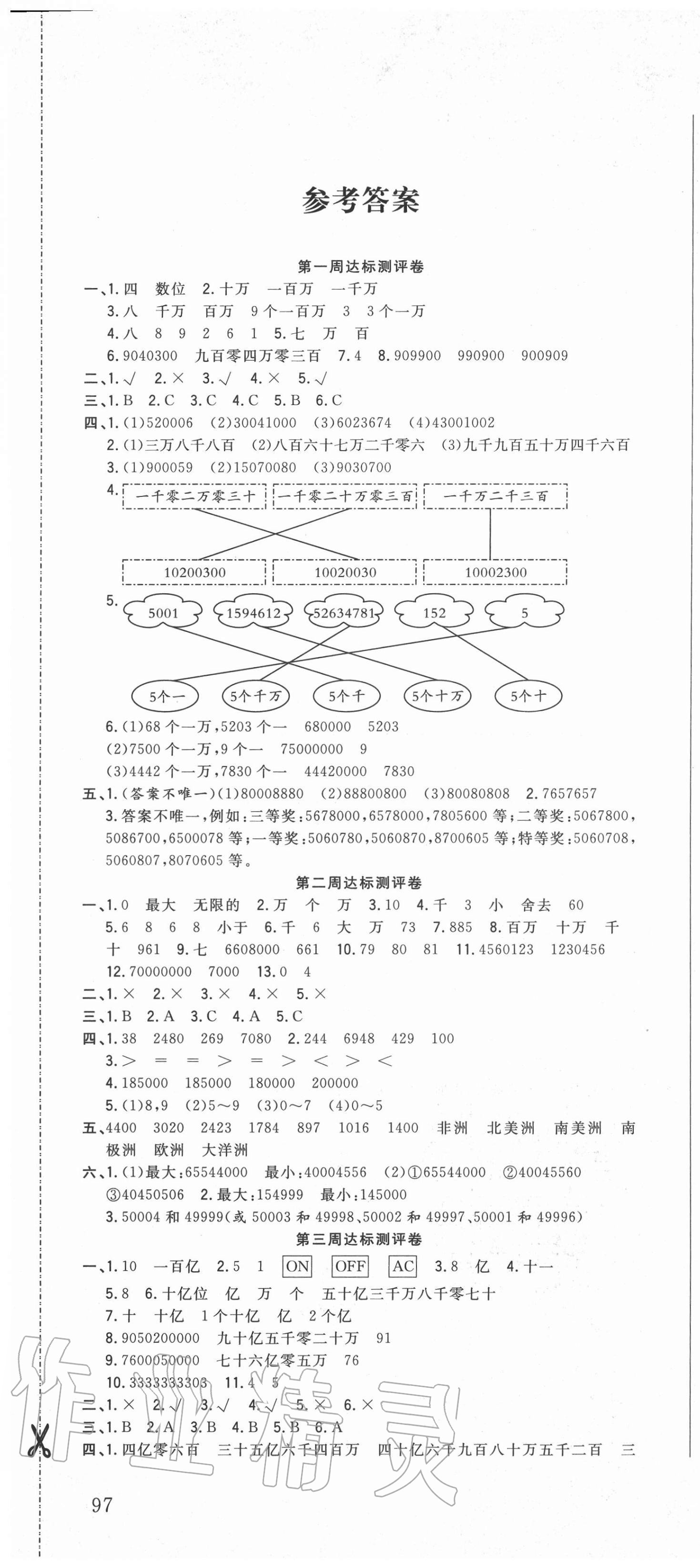 2020年?duì)钤罂季硭哪昙?jí)數(shù)學(xué)上冊(cè)人教版 參考答案第1頁