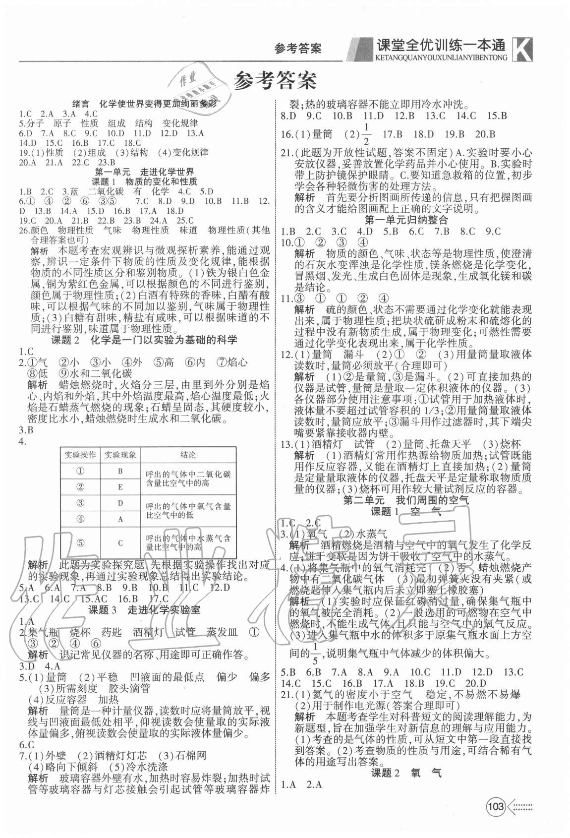 2020年宏翔書業(yè)贏在課堂九年級化學全一冊人教版 參考答案第1頁