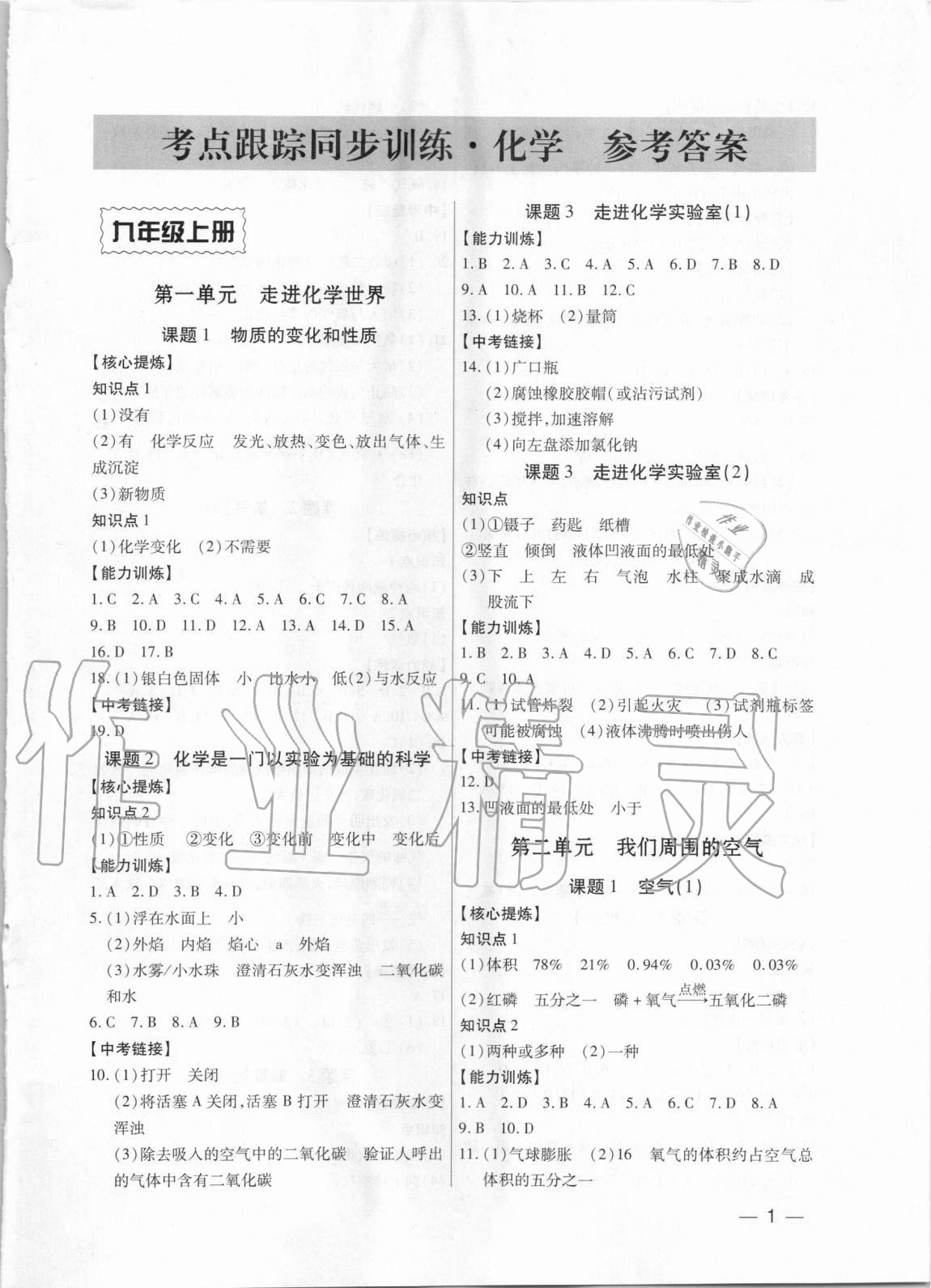 2020年考點跟蹤同步訓練九年級化學全一冊人教版深圳專版 參考答案第1頁