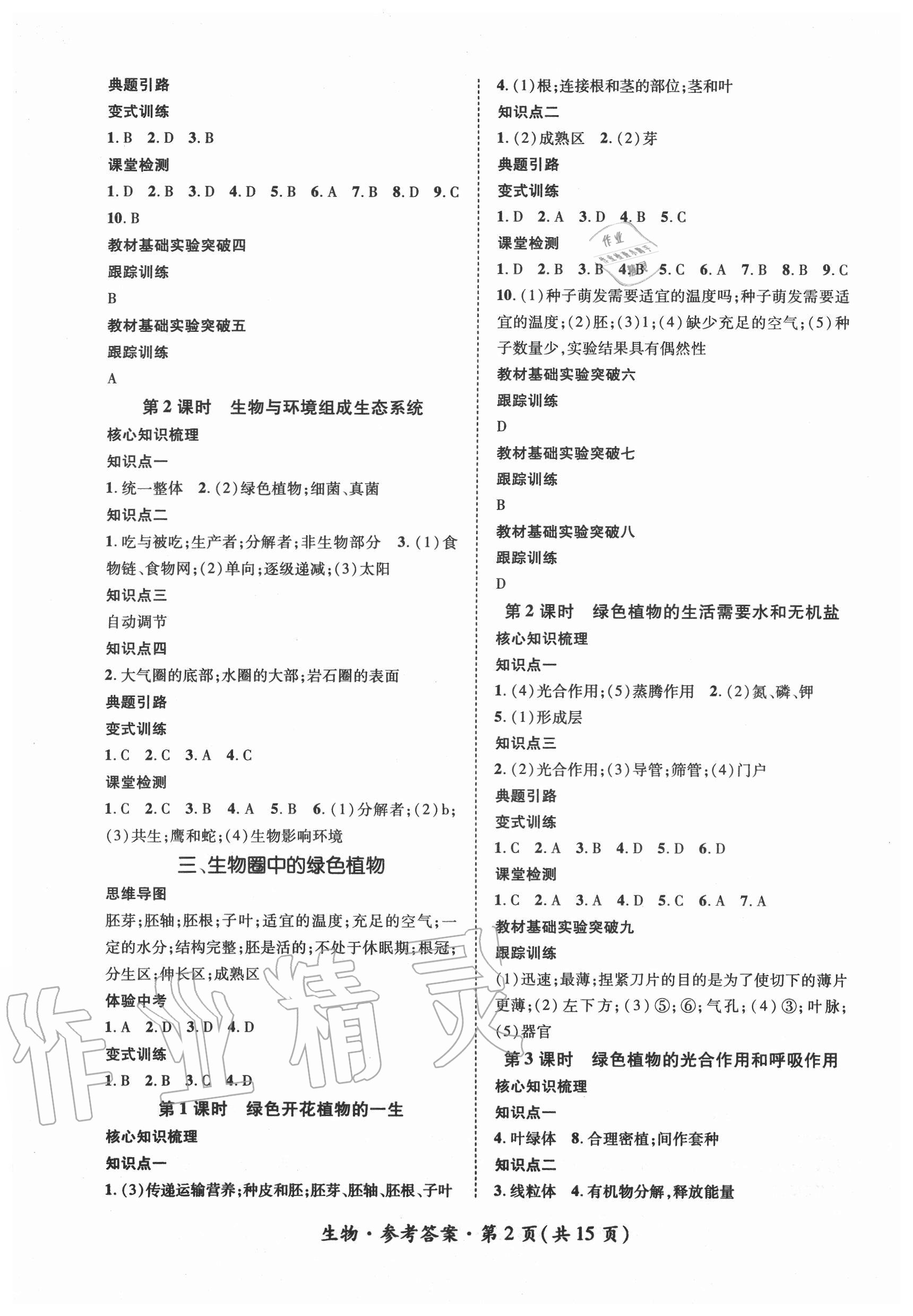2020年名师测控中考特训方案生物山西专版 参考答案第2页