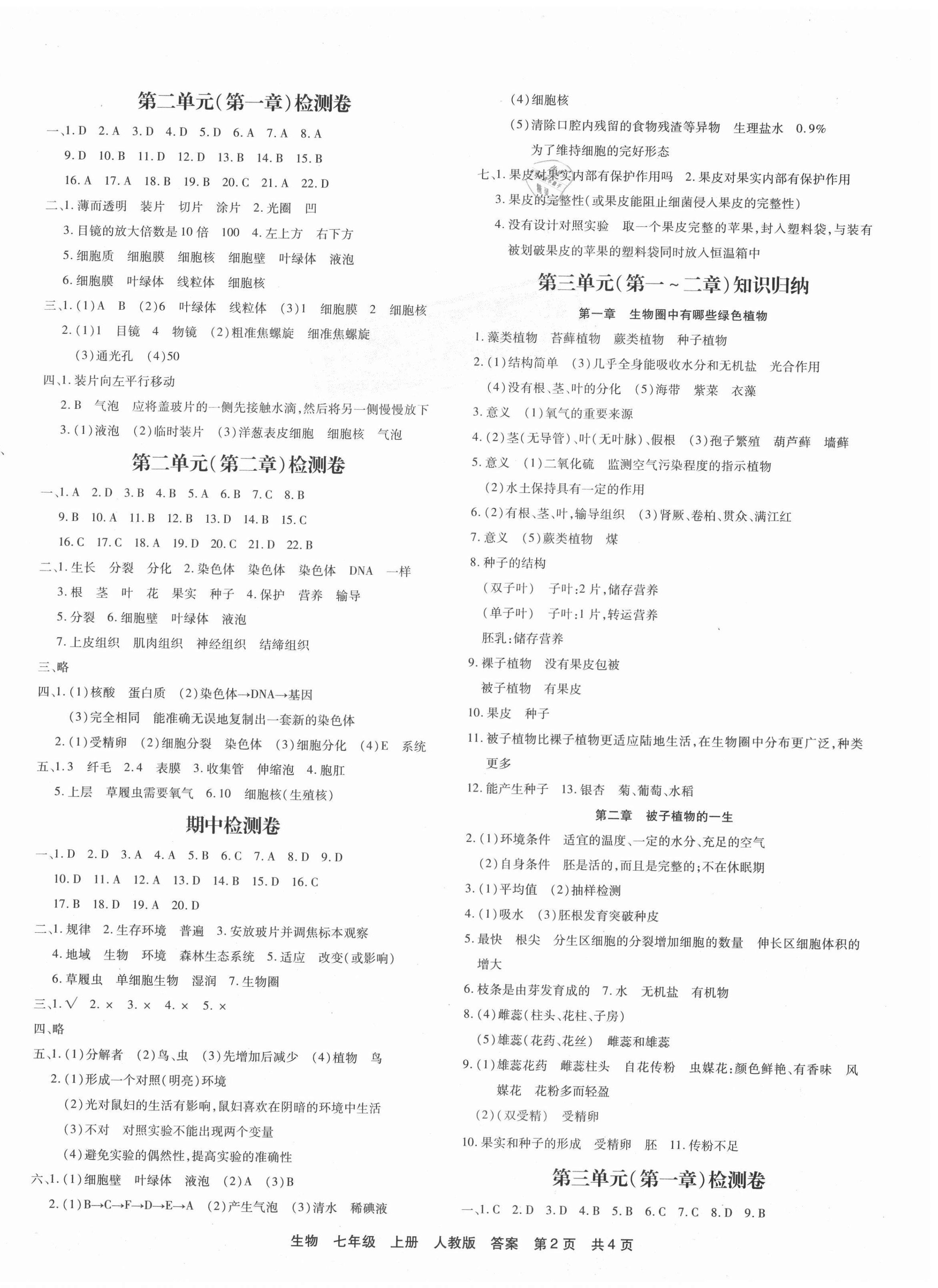 2020年优品单元与期末七年级生物上册人教版 第2页