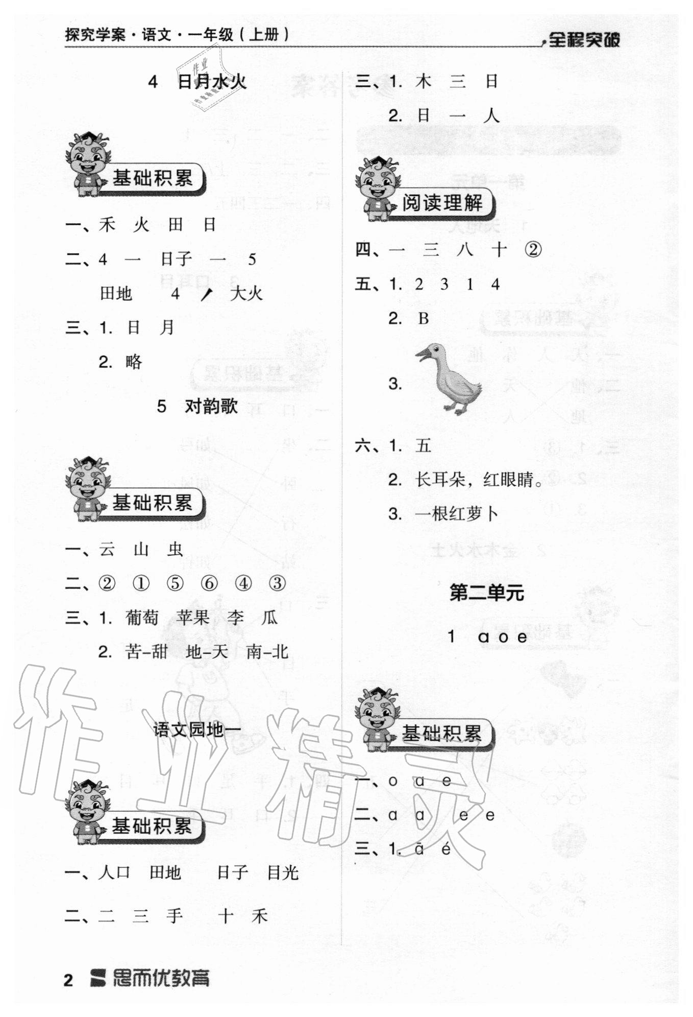 2020年全程突破一年級(jí)語(yǔ)文上冊(cè)統(tǒng)編版 參考答案第2頁(yè)