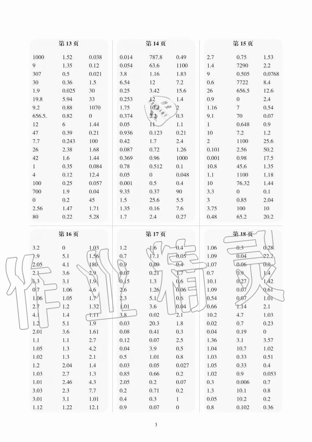 2020年幫你學口算練習冊五年級數(shù)學上冊北京課改版 參考答案第3頁