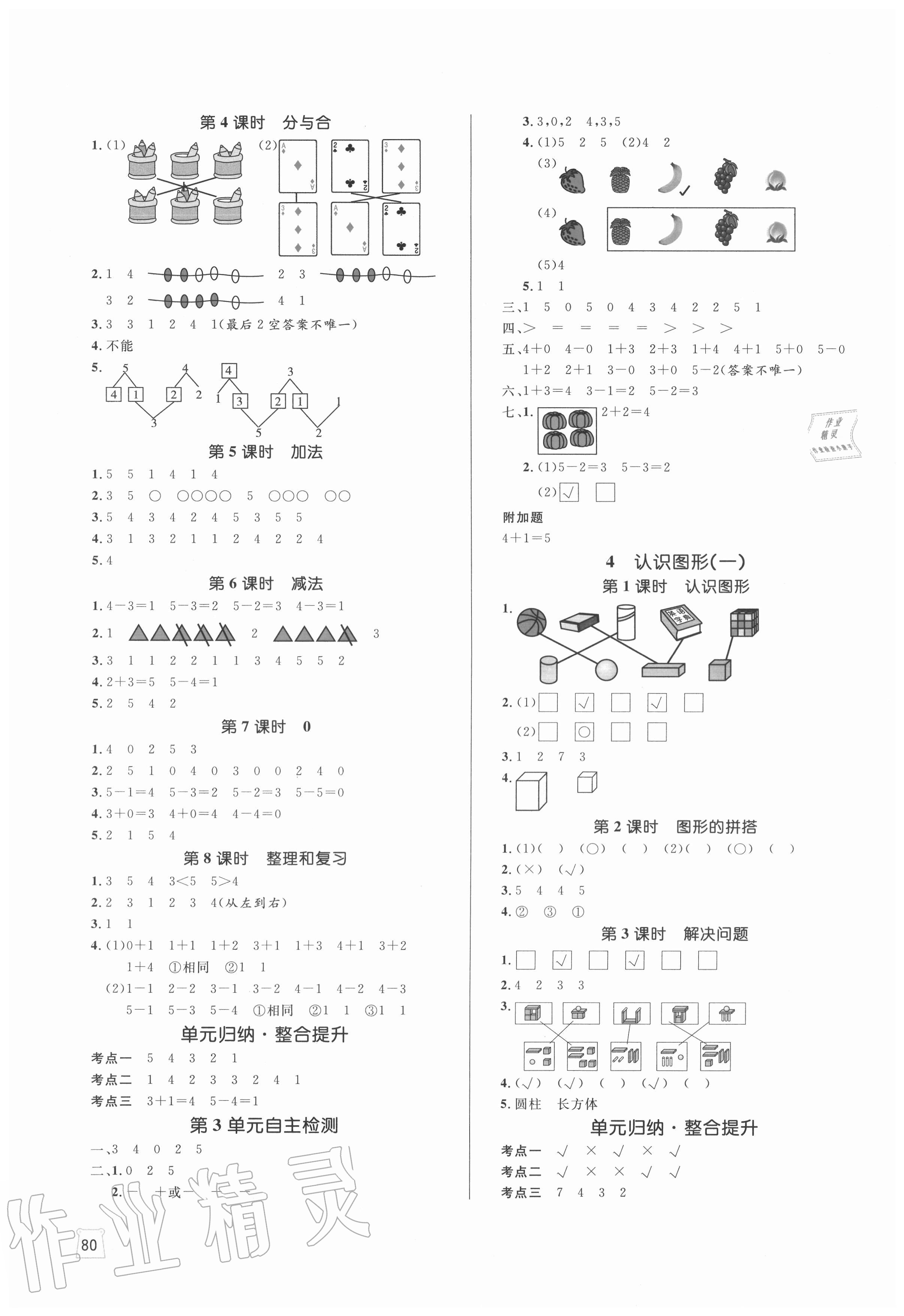 2020年黃岡名師天天練一年級(jí)數(shù)學(xué)上冊(cè)人教版 參考答案第2頁