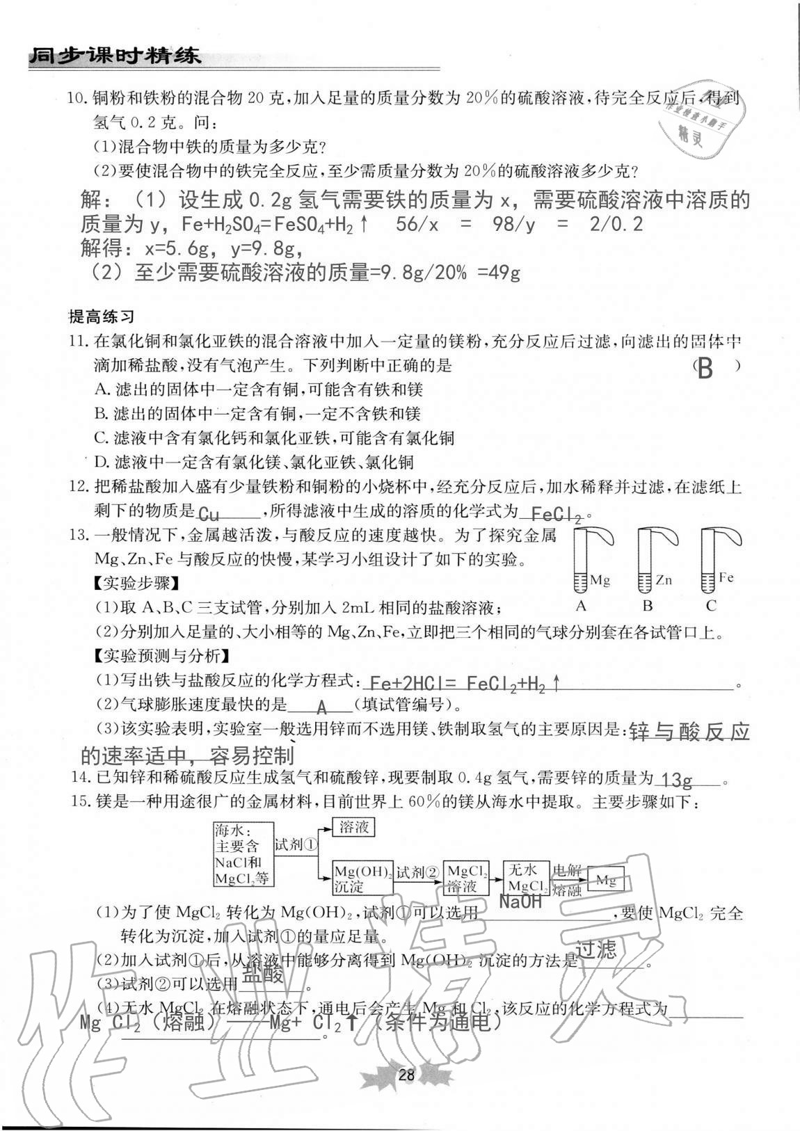 2020年同步课时精练九年级科学全一册浙教版 第28页