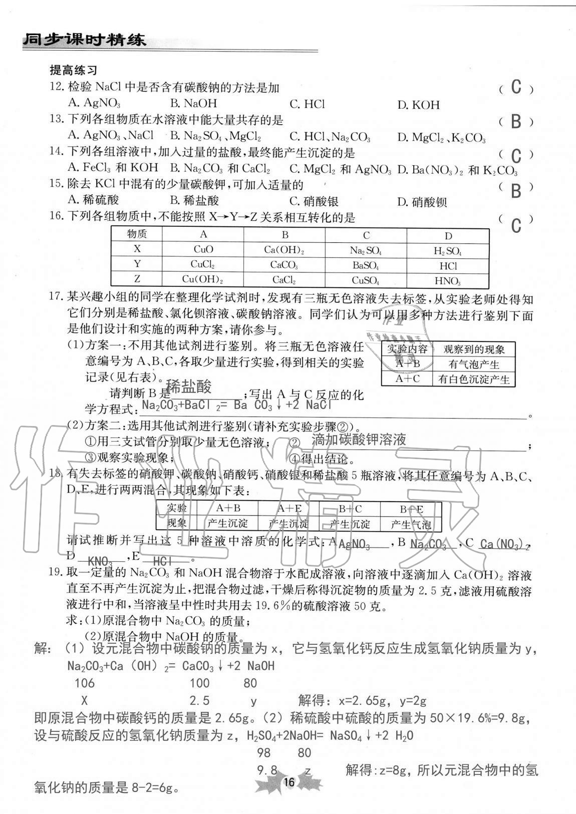 2020年同步课时精练九年级科学全一册浙教版 第16页