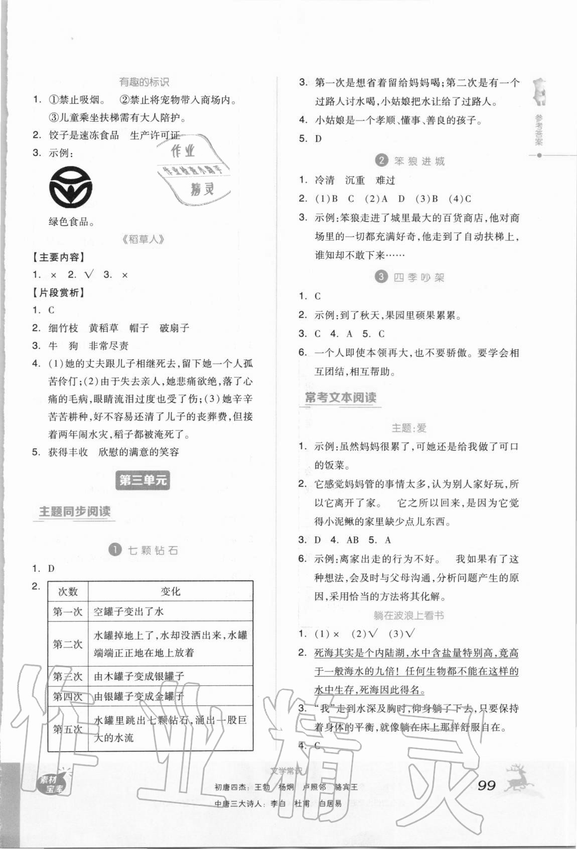 2020年全品小学阅读三年级A统编版 参考答案第3页