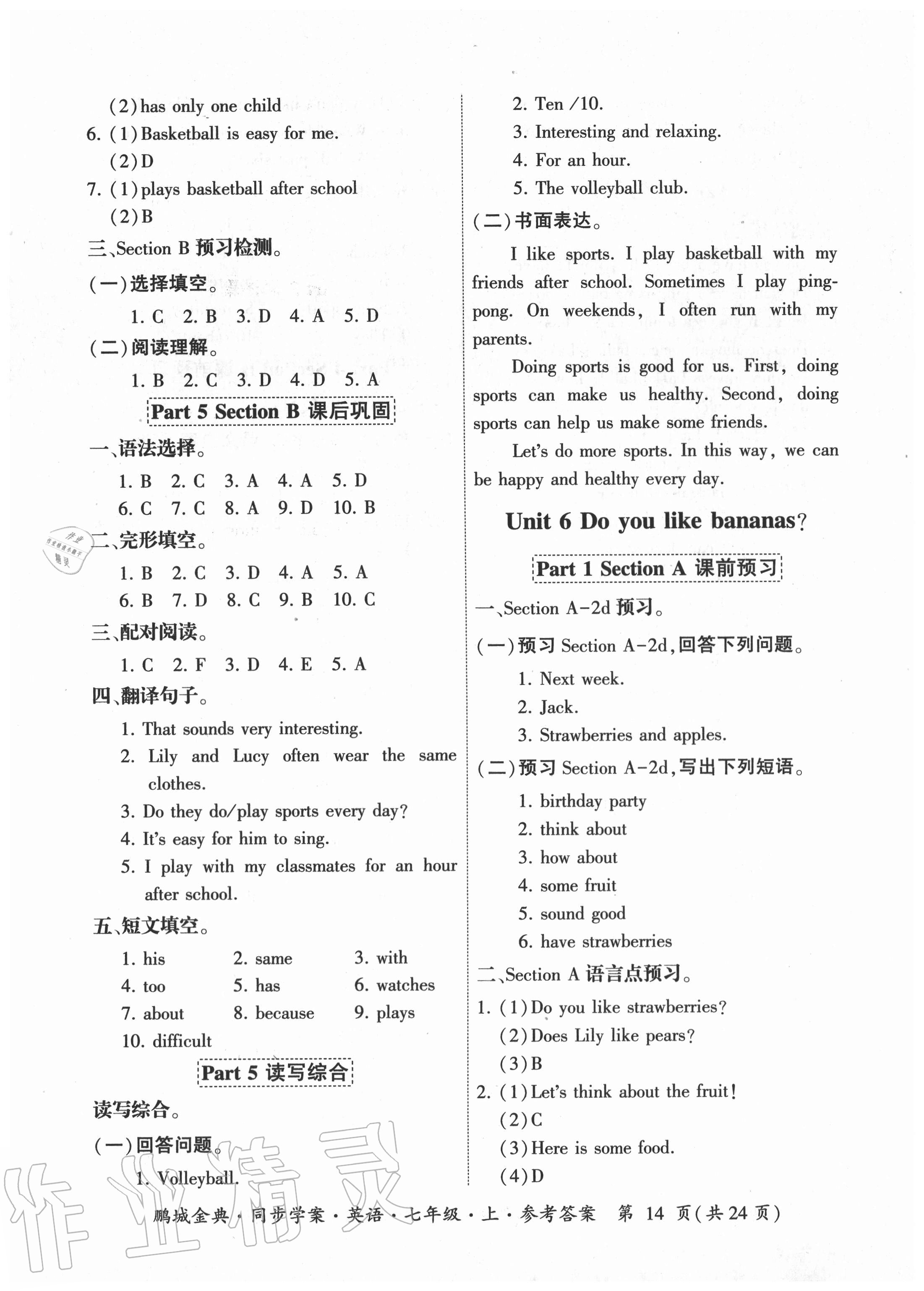 2020年鵬城金典同步學案七年級英語上冊人教版廣東專版 參考答案第14頁