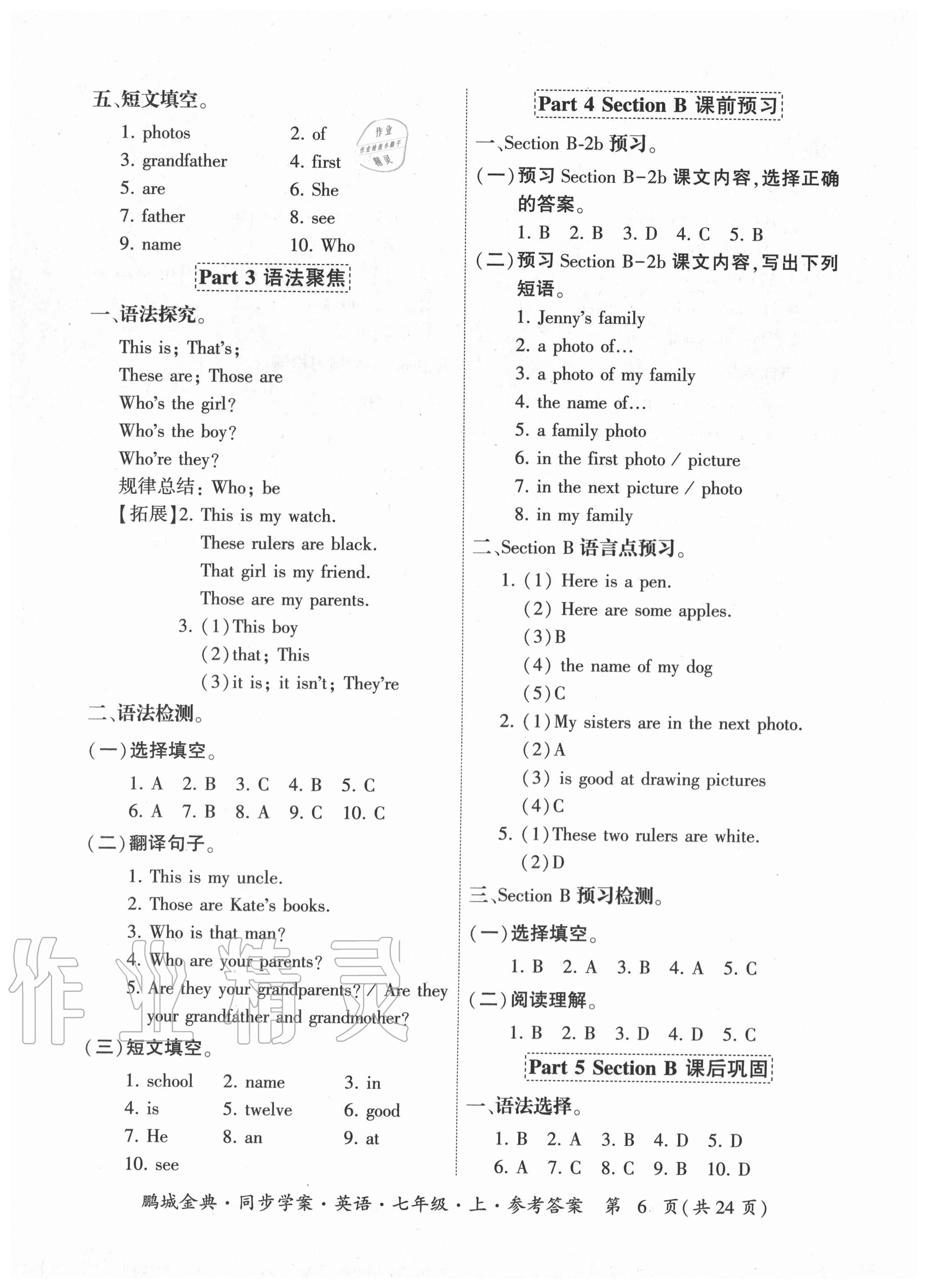 2020年鵬城金典同步學(xué)案七年級(jí)英語(yǔ)上冊(cè)人教版廣東專版 參考答案第6頁(yè)