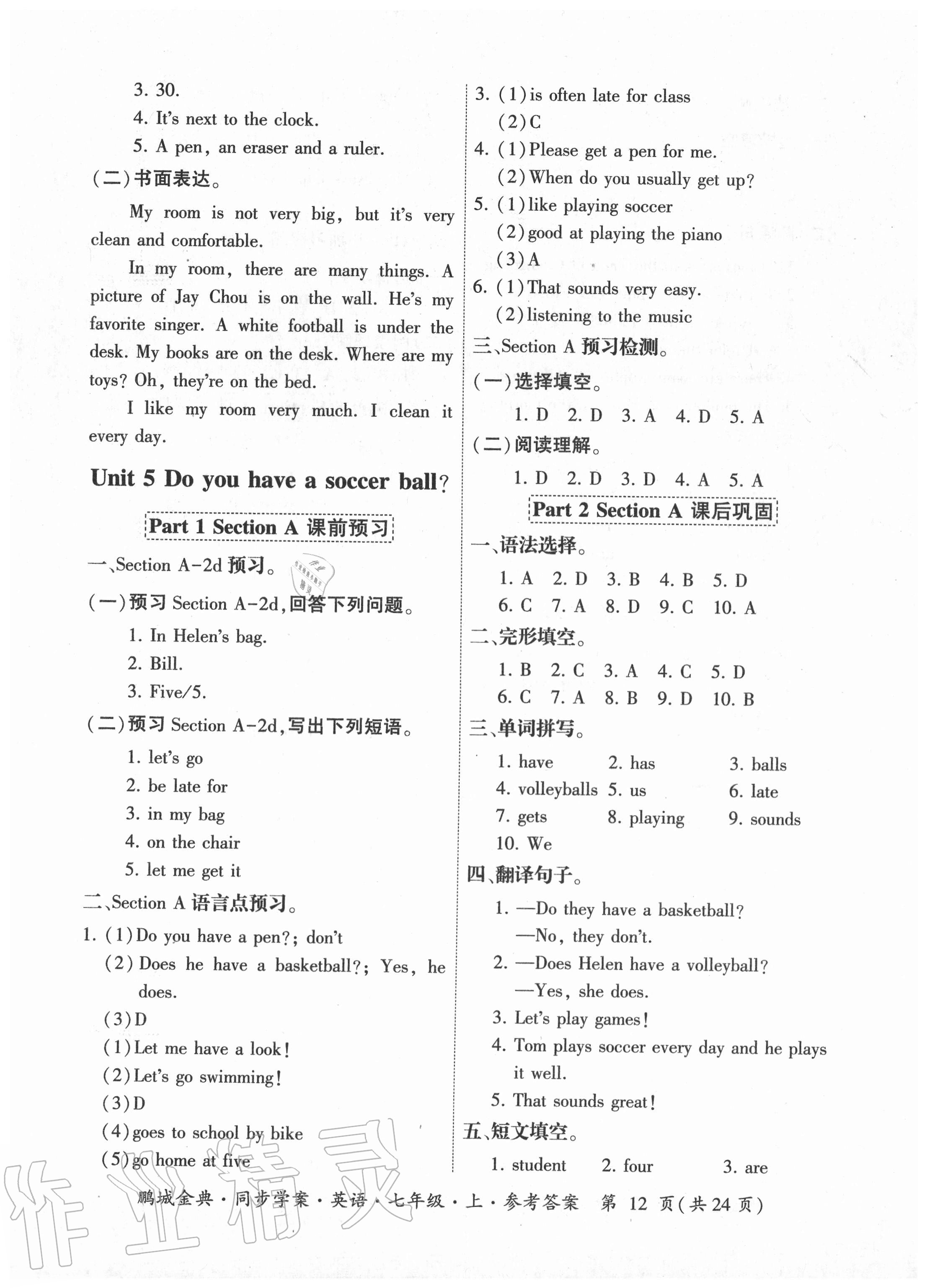 2020年鵬城金典同步學(xué)案七年級英語上冊人教版廣東專版 參考答案第12頁