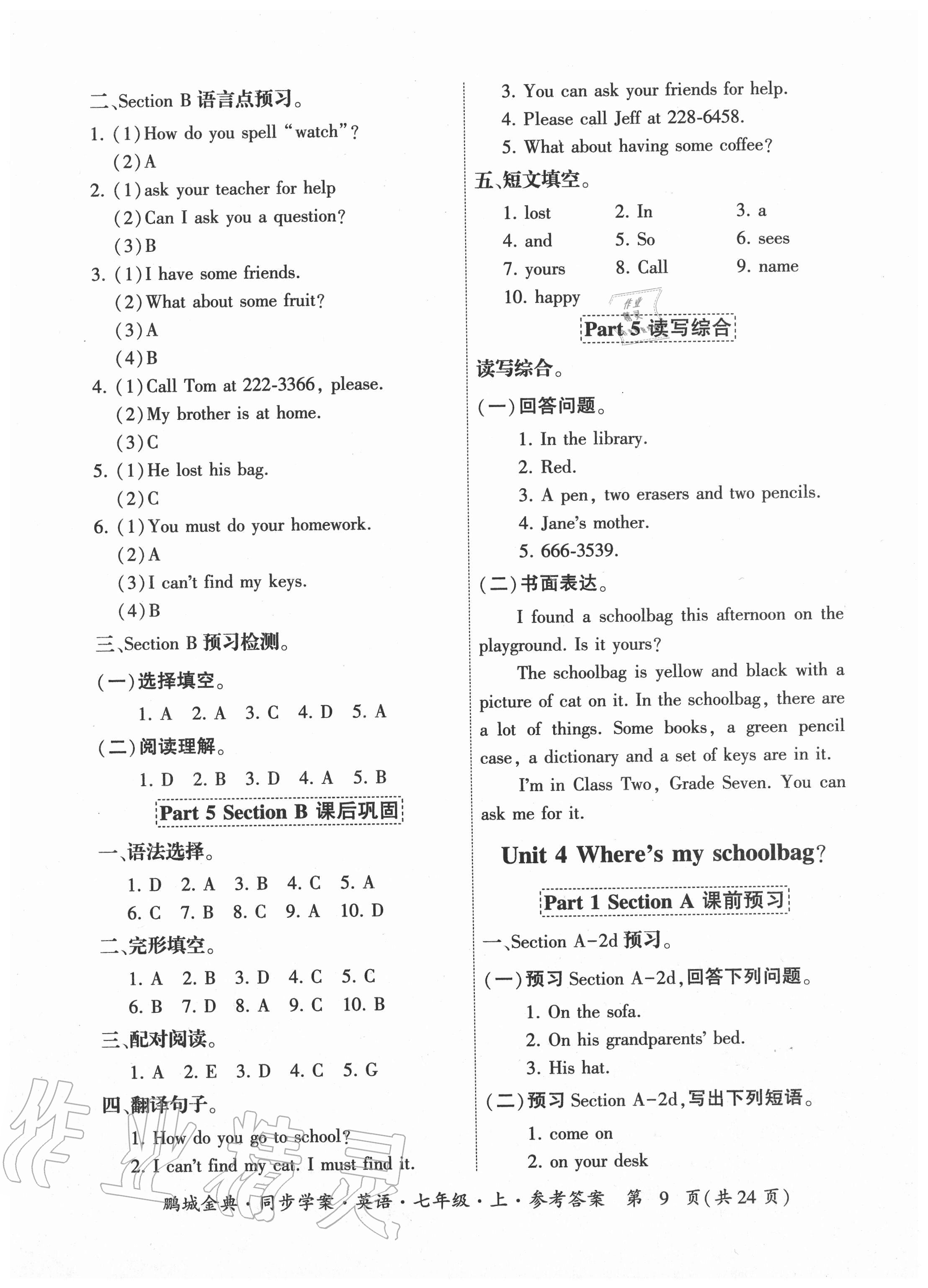 2020年鵬城金典同步學(xué)案七年級(jí)英語(yǔ)上冊(cè)人教版廣東專(zhuān)版 參考答案第9頁(yè)