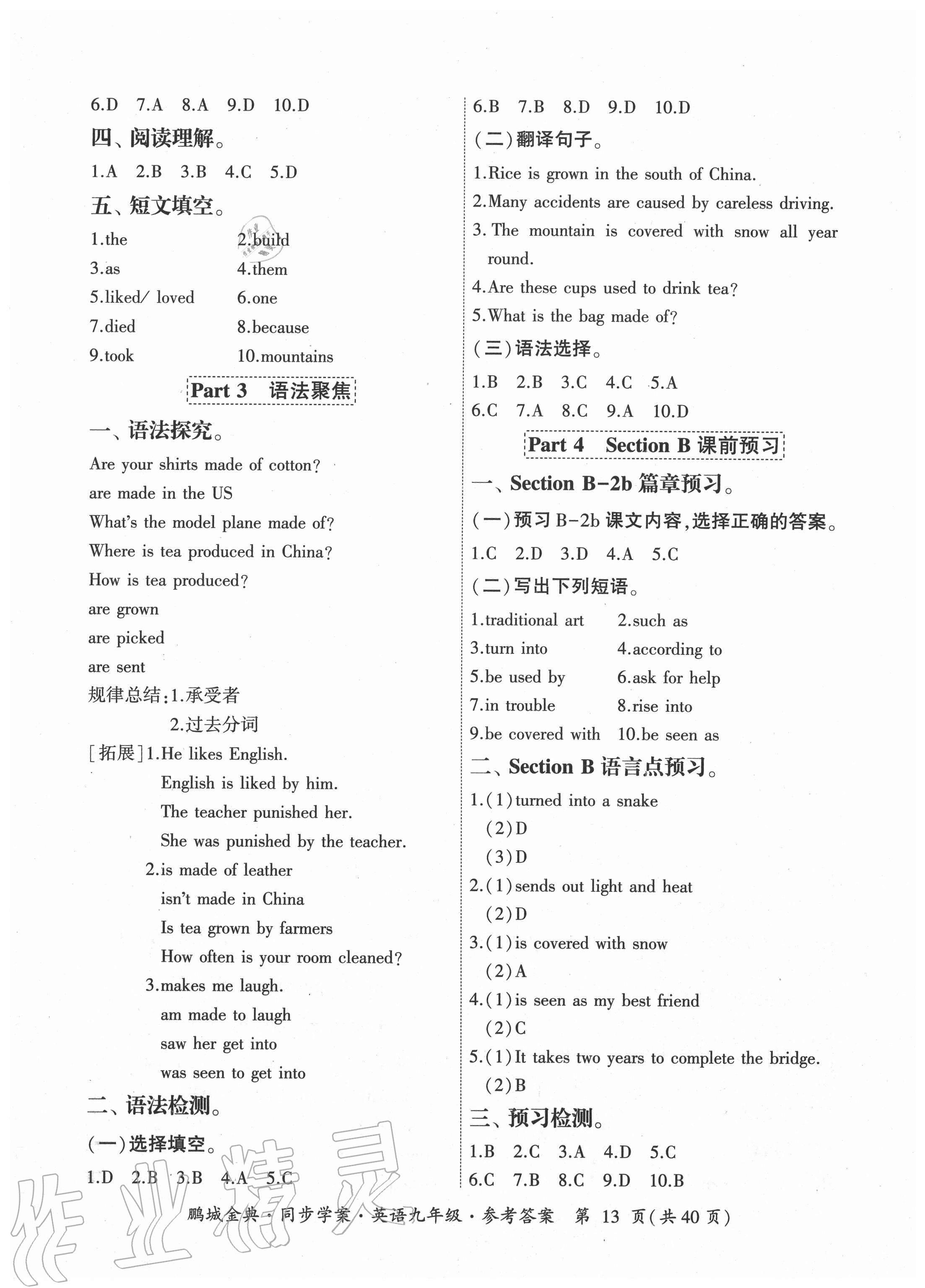 2020年鵬城金典同步學(xué)案九年級(jí)英語(yǔ)人教版廣東專版 參考答案第13頁(yè)