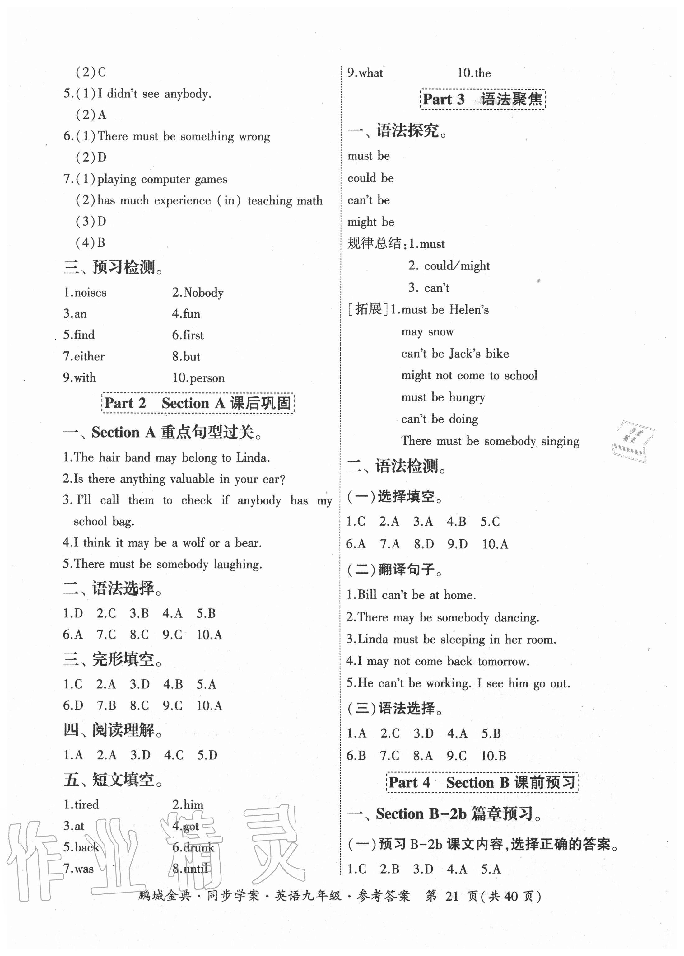 2020年鵬城金典同步學(xué)案九年級(jí)英語(yǔ)人教版廣東專(zhuān)版 參考答案第21頁(yè)