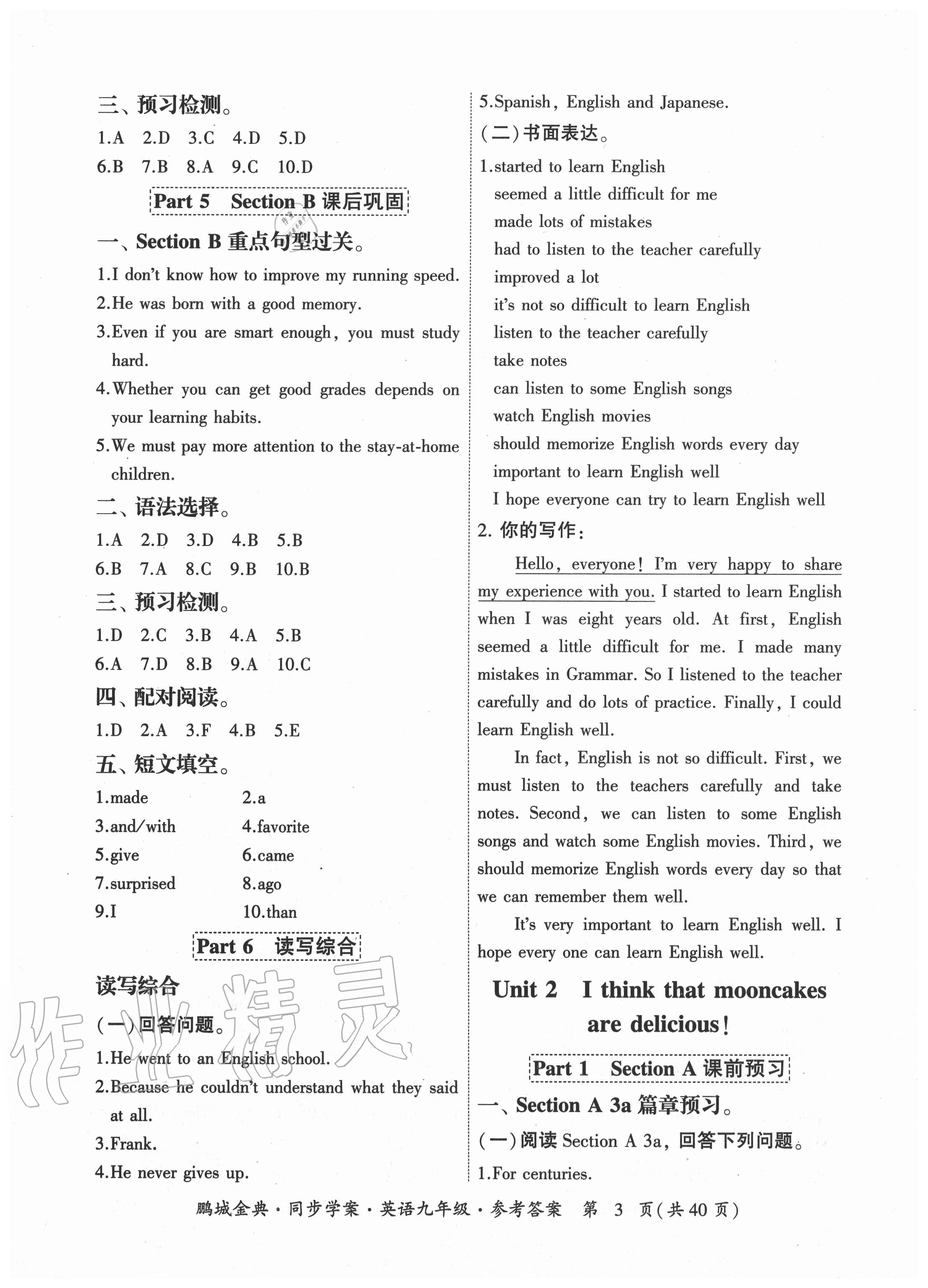 2020年鵬城金典同步學(xué)案九年級(jí)英語(yǔ)人教版廣東專(zhuān)版 參考答案第3頁(yè)