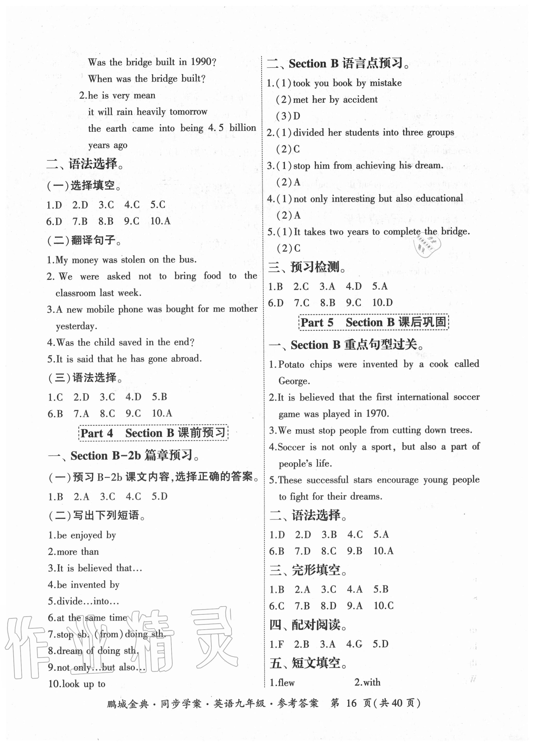 2020年鵬城金典同步學(xué)案九年級(jí)英語(yǔ)人教版廣東專版 參考答案第16頁(yè)