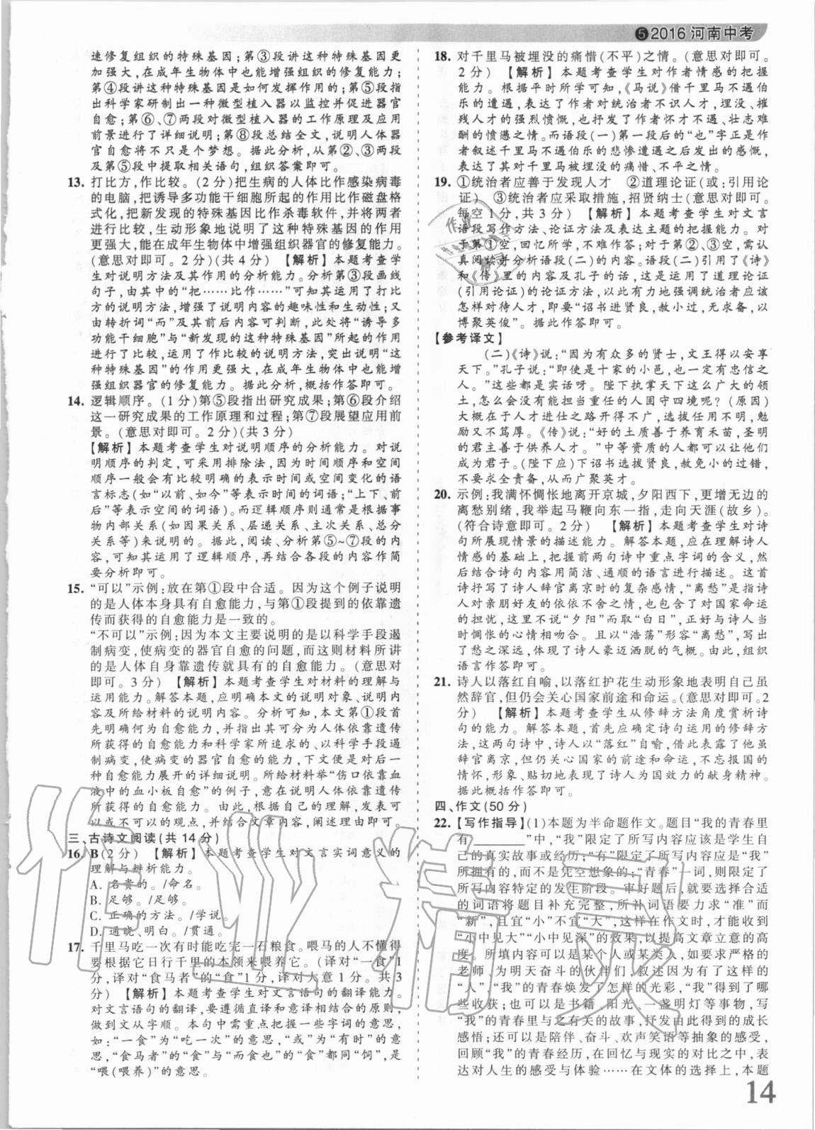 2021年王朝霞中考真題精編語文河南中考 參考答案第14頁