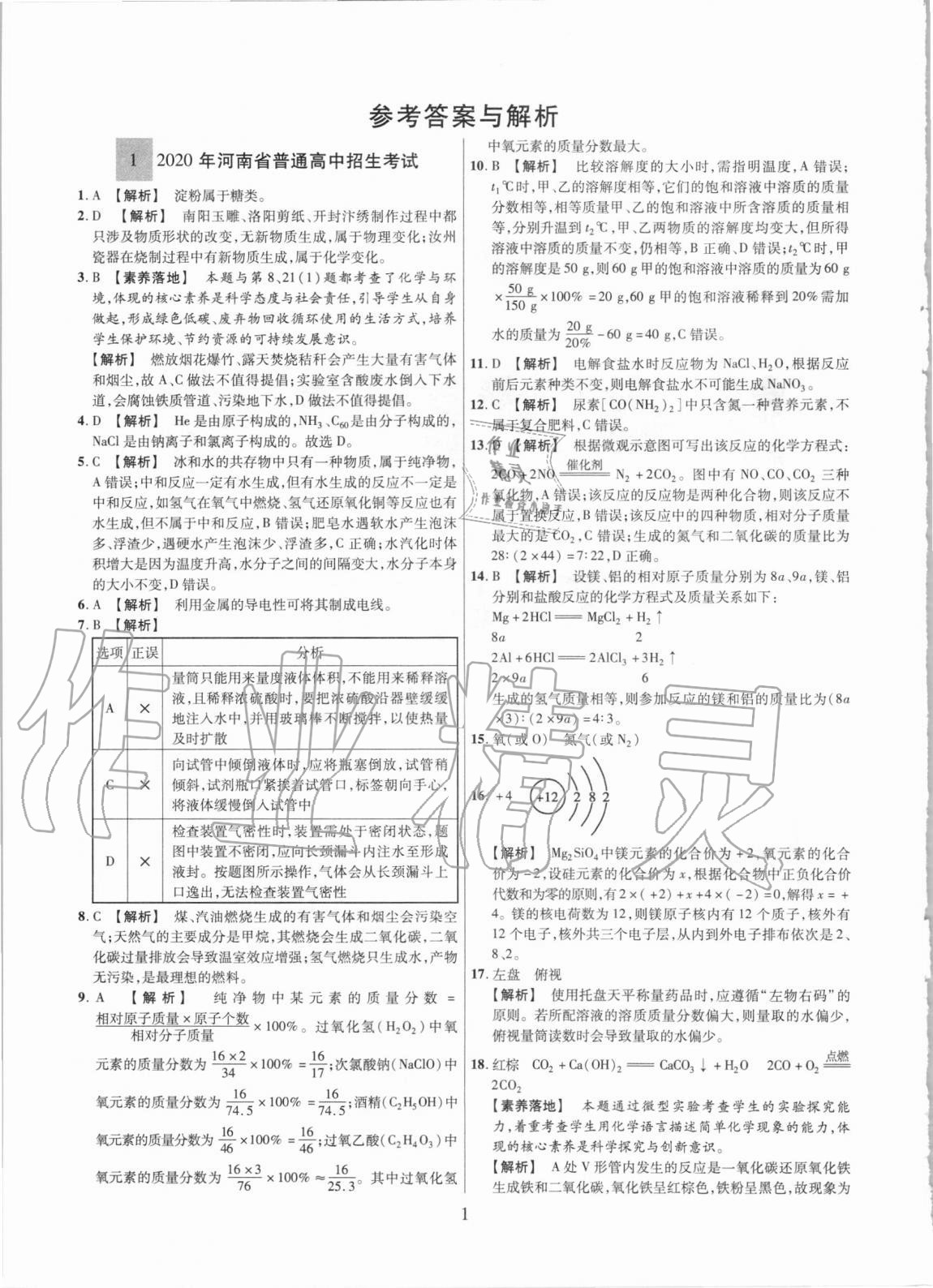 2021年中考名師解密熱點試題匯編化學河南專用 參考答案第1頁