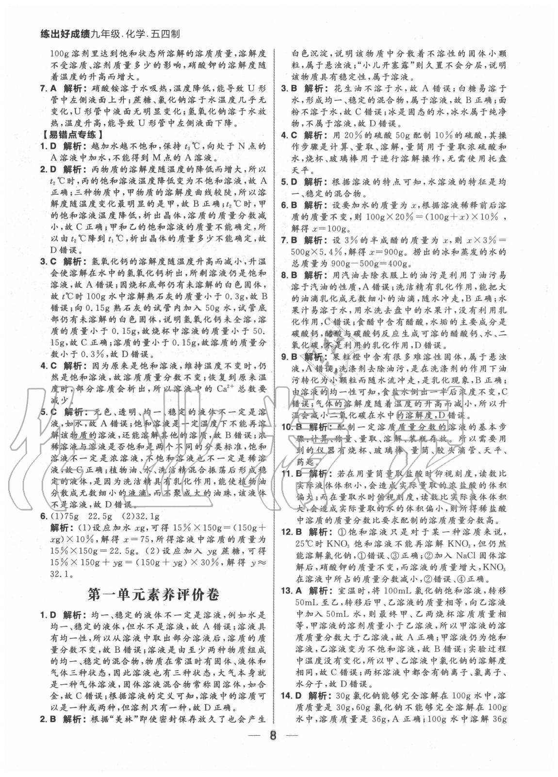 2020年練出好成績九年級化學全一冊魯教版54制 參考答案第8頁