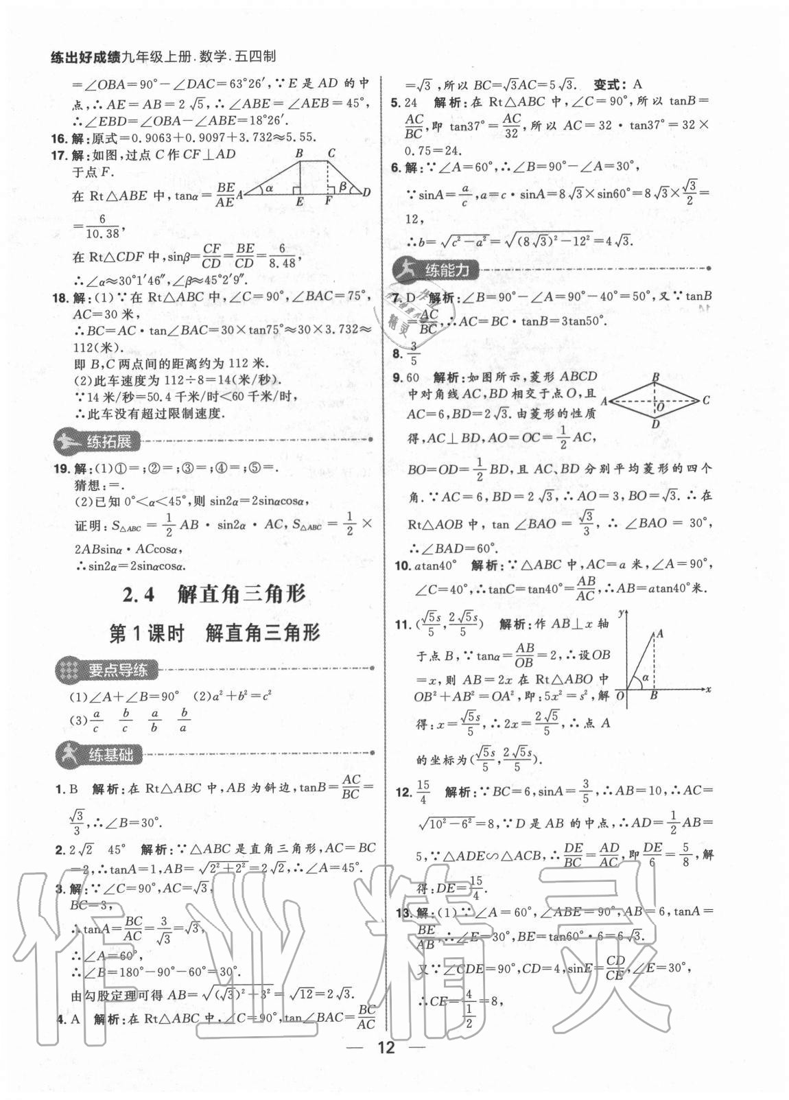 2020年练出好成绩九年级数学上册鲁教版54制 参考答案第12页