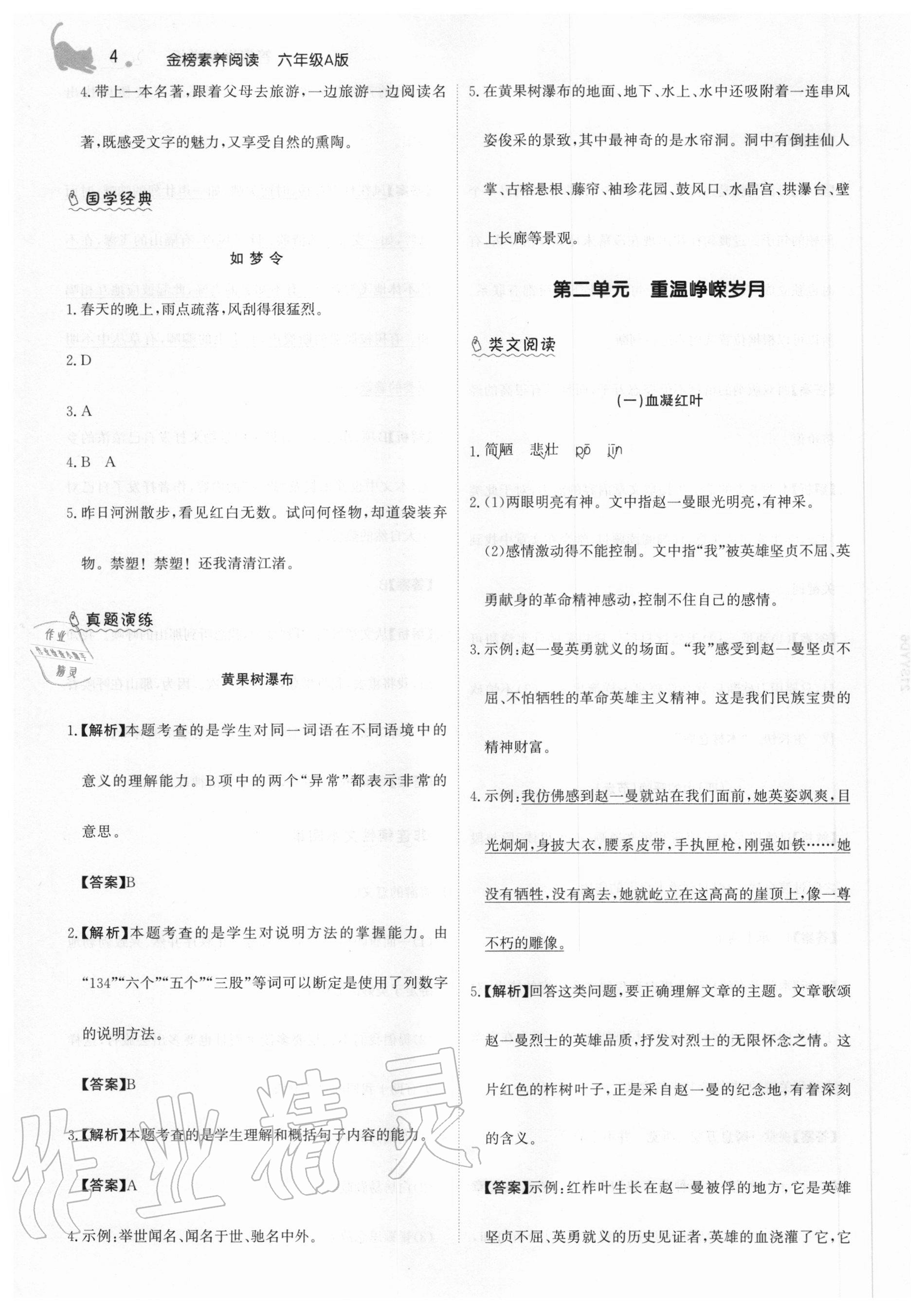 2020年金榜素養閱讀六年級部編版A版福建專版 參考答案第4頁
