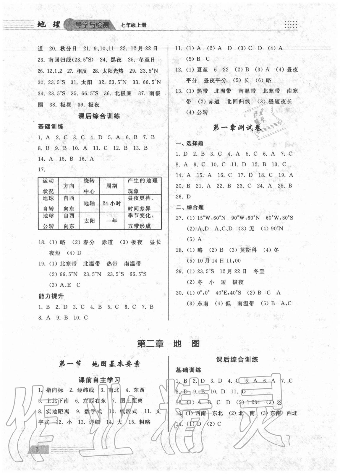 2020年導(dǎo)學(xué)與檢測七年級地理上冊商務(wù)星球版 參考答案第2頁