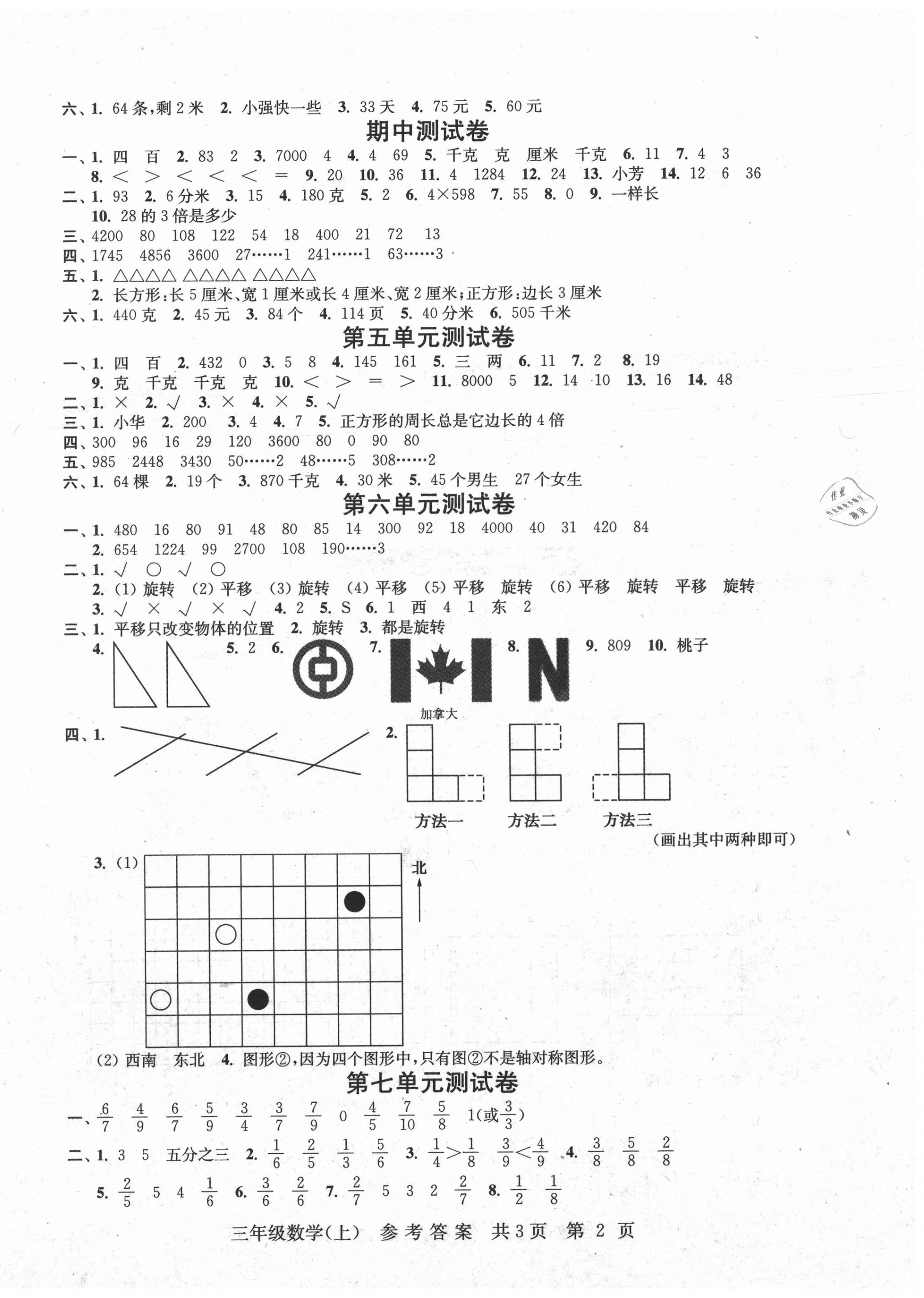 2020年伴你学单元达标测试卷三年级数学上册苏教版 参考答案第2页