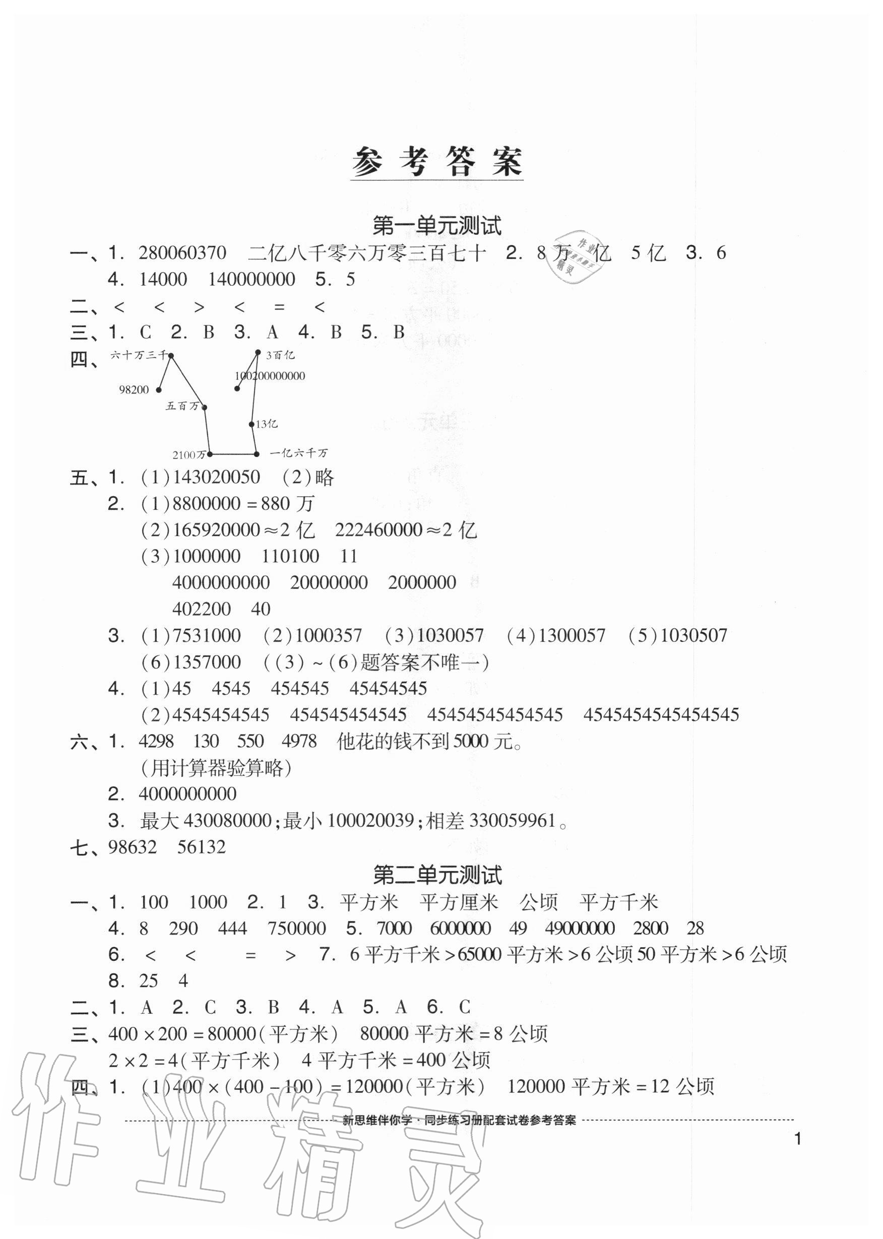 2020年同步練習冊配套單元自測試卷四年級數(shù)學上冊人教版 參考答案第1頁