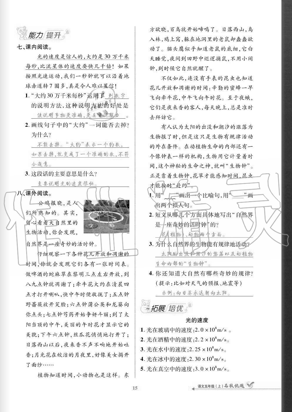 2020年名校優(yōu)題課時(shí)達(dá)優(yōu)練與測五年級語文上冊人教版 參考答案第15頁