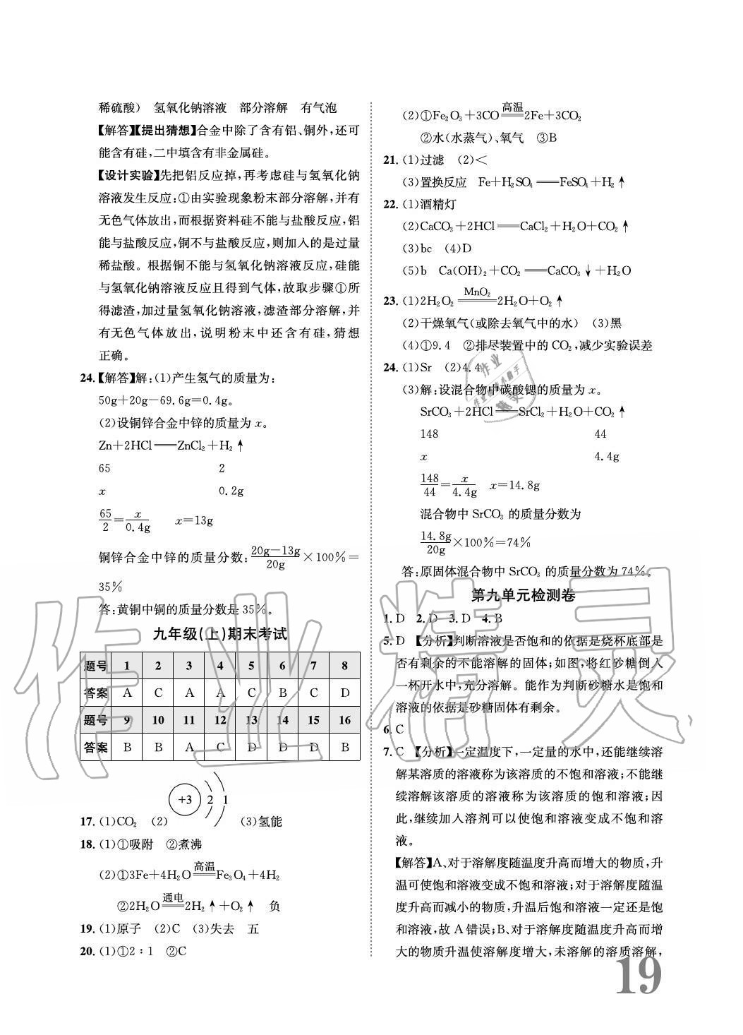 2020年标准卷长江出版社九年级化学全一册人教版重庆专版 参考答案第19页