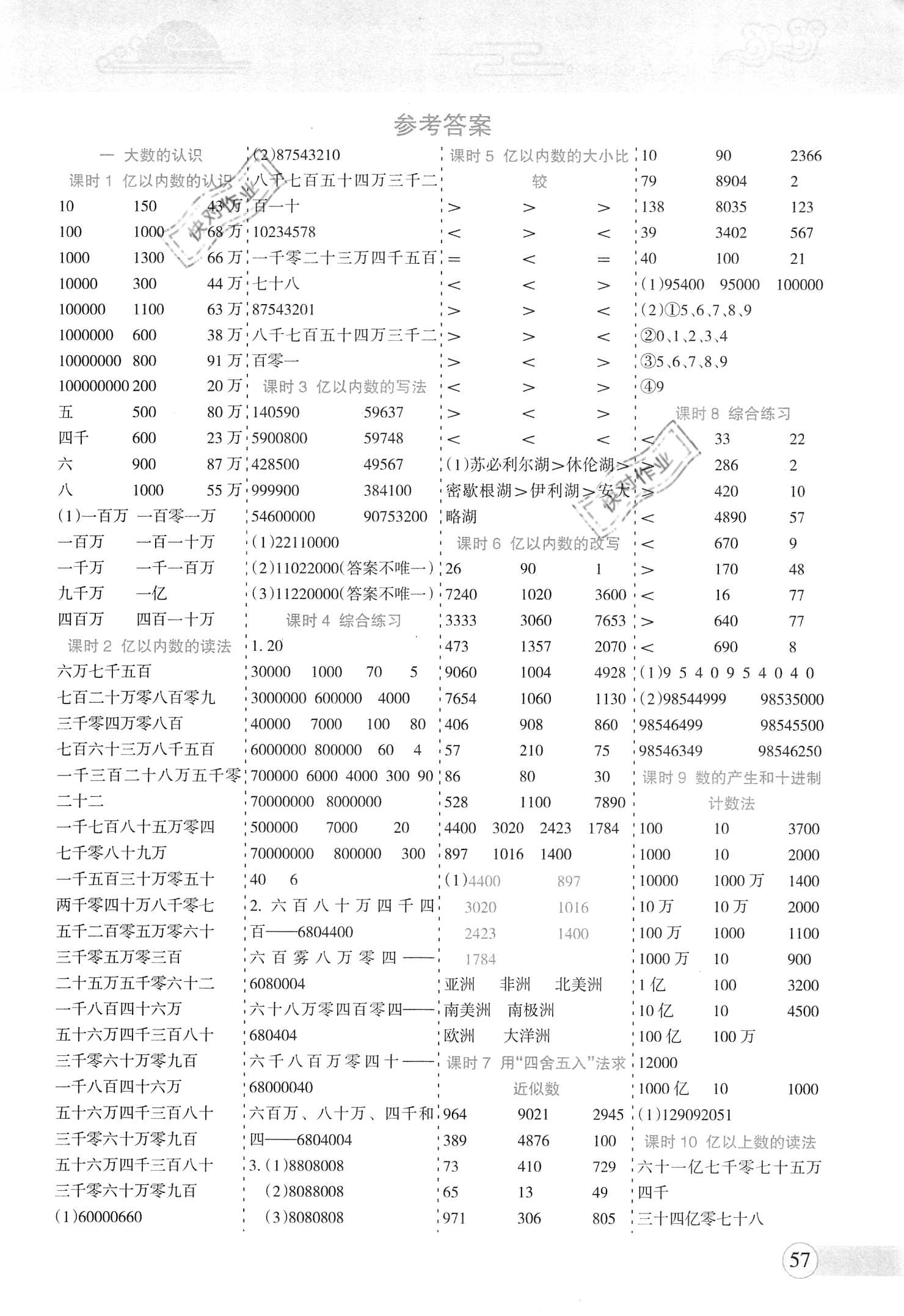 2020年金鑰匙同步口算加應(yīng)用題四年級數(shù)學(xué)上冊人教版 參考答案第1頁