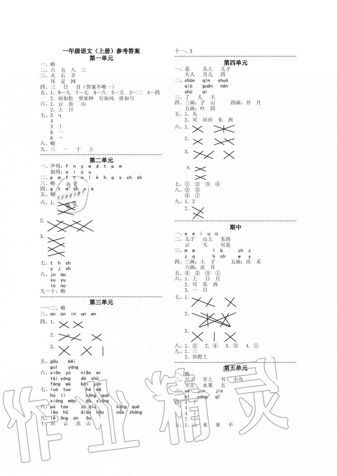 2020年單元反饋練習一年級語文上冊人教版 參考答案第1頁