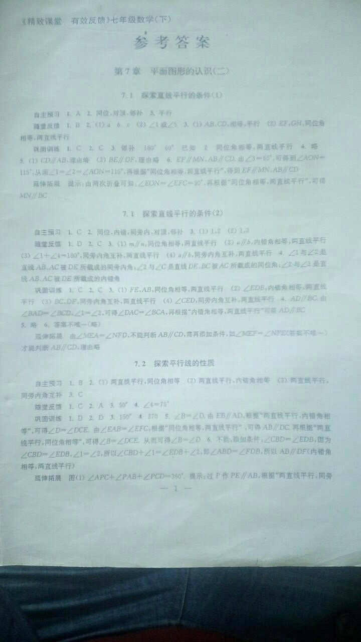 2020年精致課堂有效反饋七年級數(shù)學(xué)下冊蘇教版 參考答案第1頁