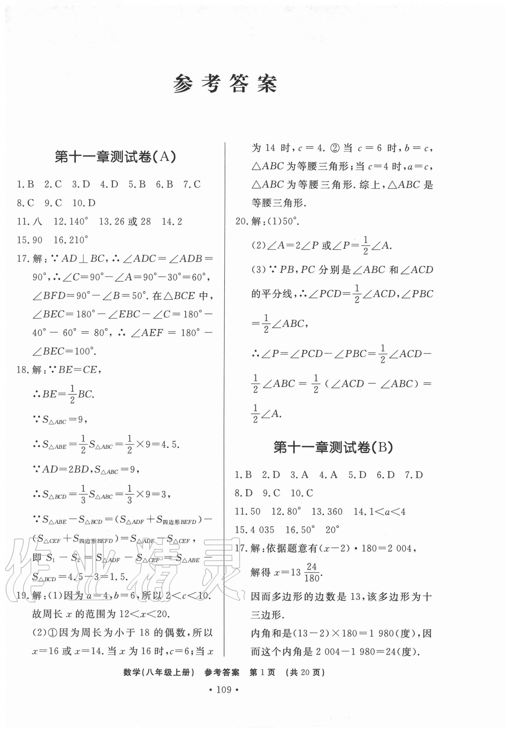 2020年初中知识与能力测试卷八年级数学上册人教版嘉祥专用 第1页