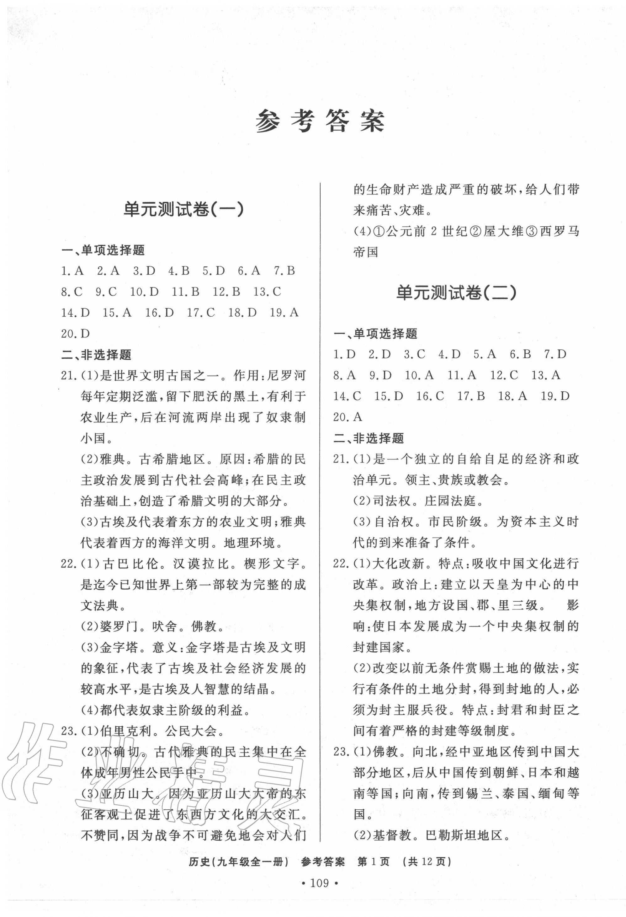 2020年初中知识与能力测试卷九年级历史上学期人教版嘉祥专用 第1页