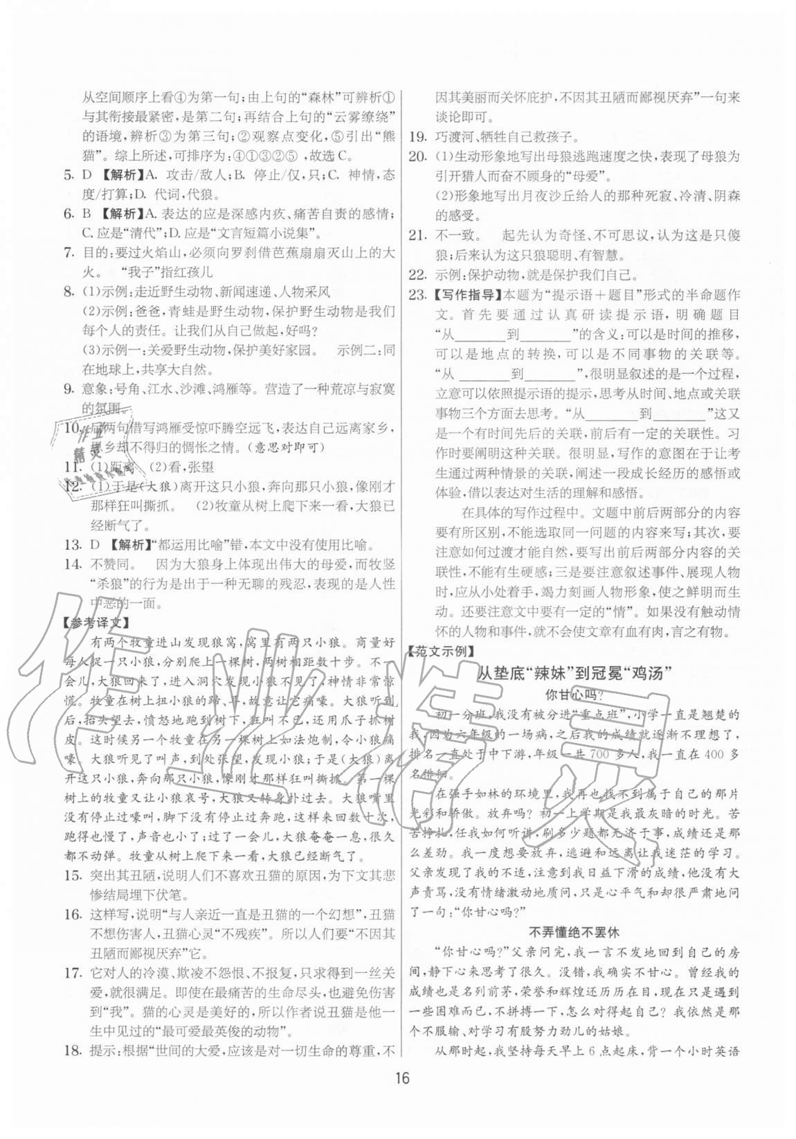 2020年實(shí)驗(yàn)班提優(yōu)大考卷七年級語文上冊人教版江蘇專用 參考答案第16頁