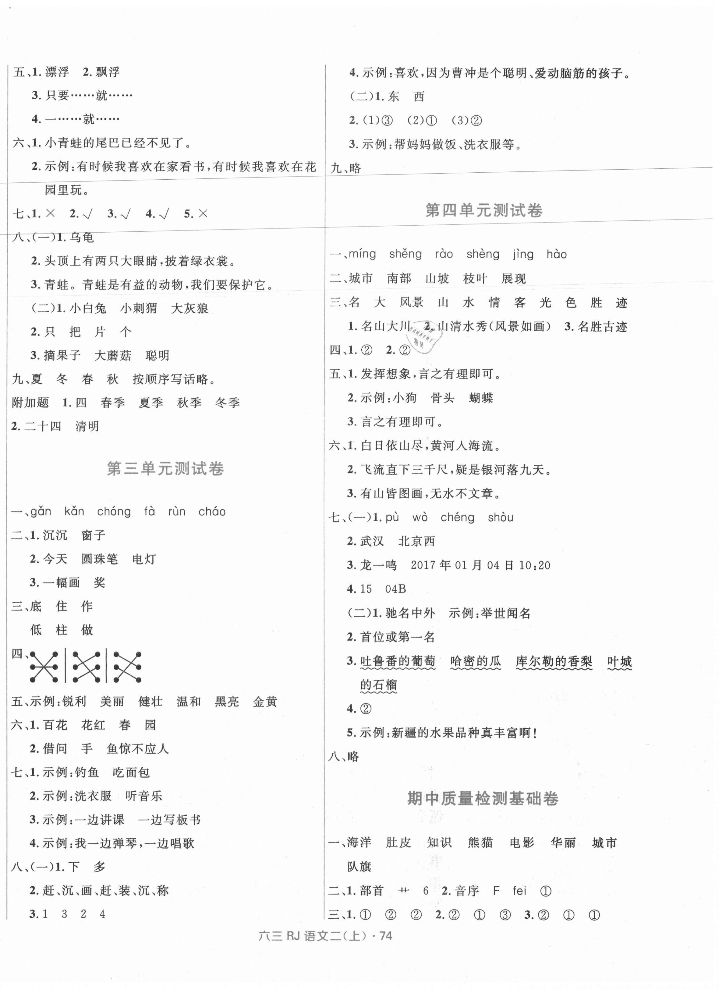 2020年贏在起跑線天天100分小學(xué)優(yōu)化測試卷二年級語文上冊人教版 參考答案第2頁