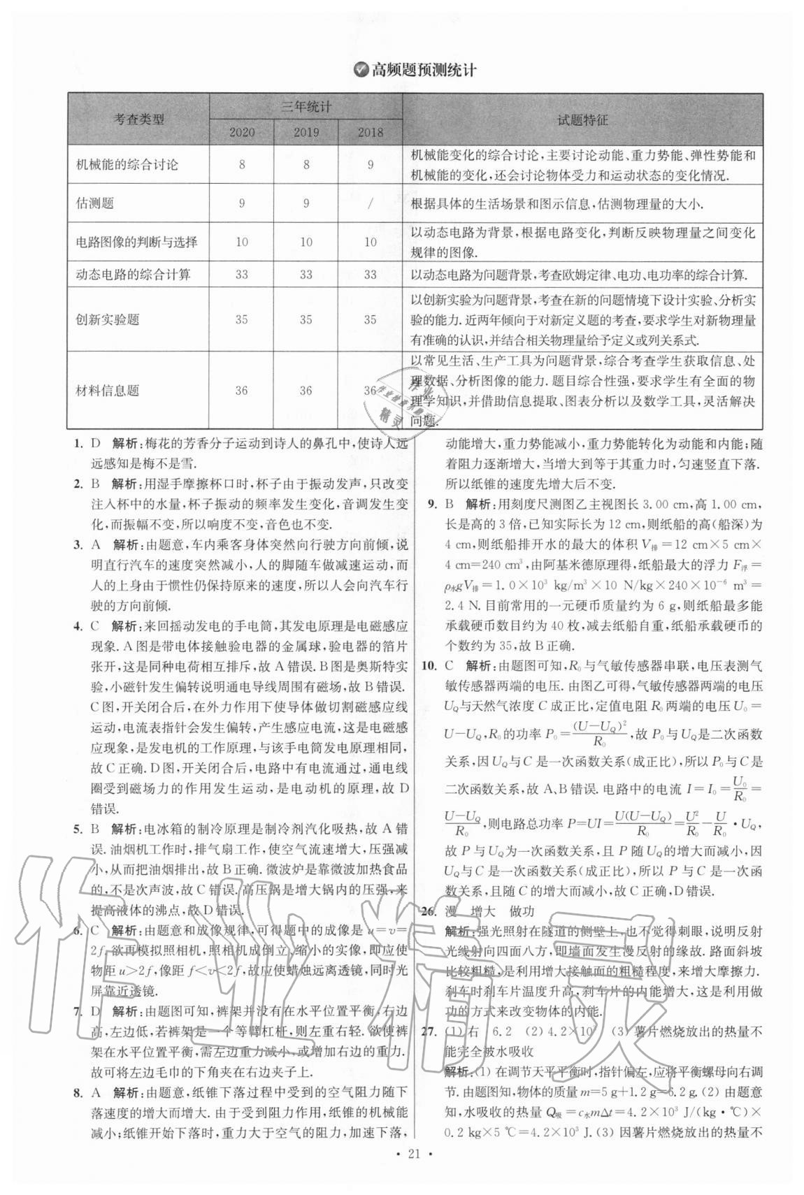 2021年江苏13大市中考试卷与标准模拟优化38套物理 参考答案第21页