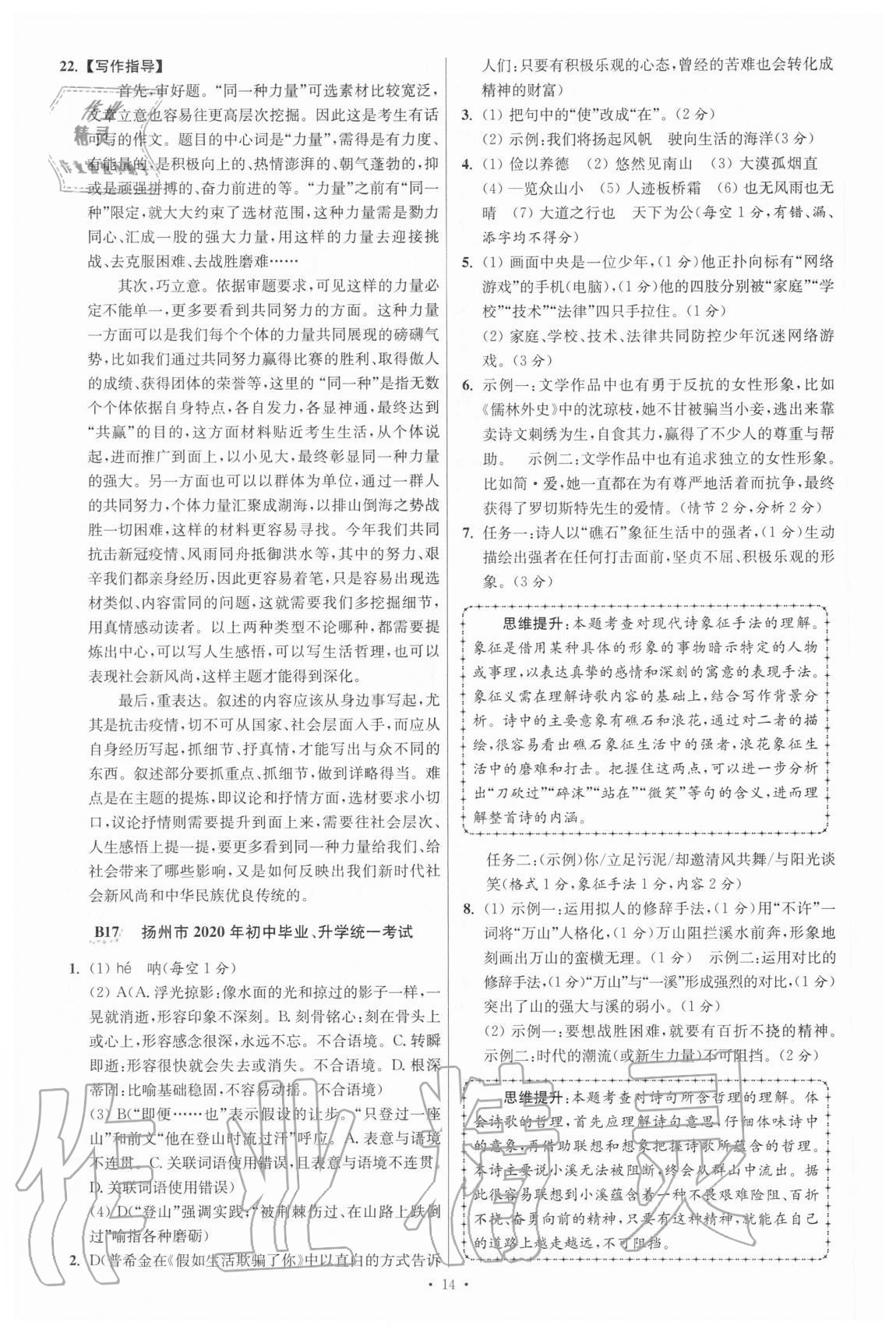 2021年江蘇13大市中考試卷與標(biāo)準(zhǔn)模擬優(yōu)化38套語文 參考答案第14頁