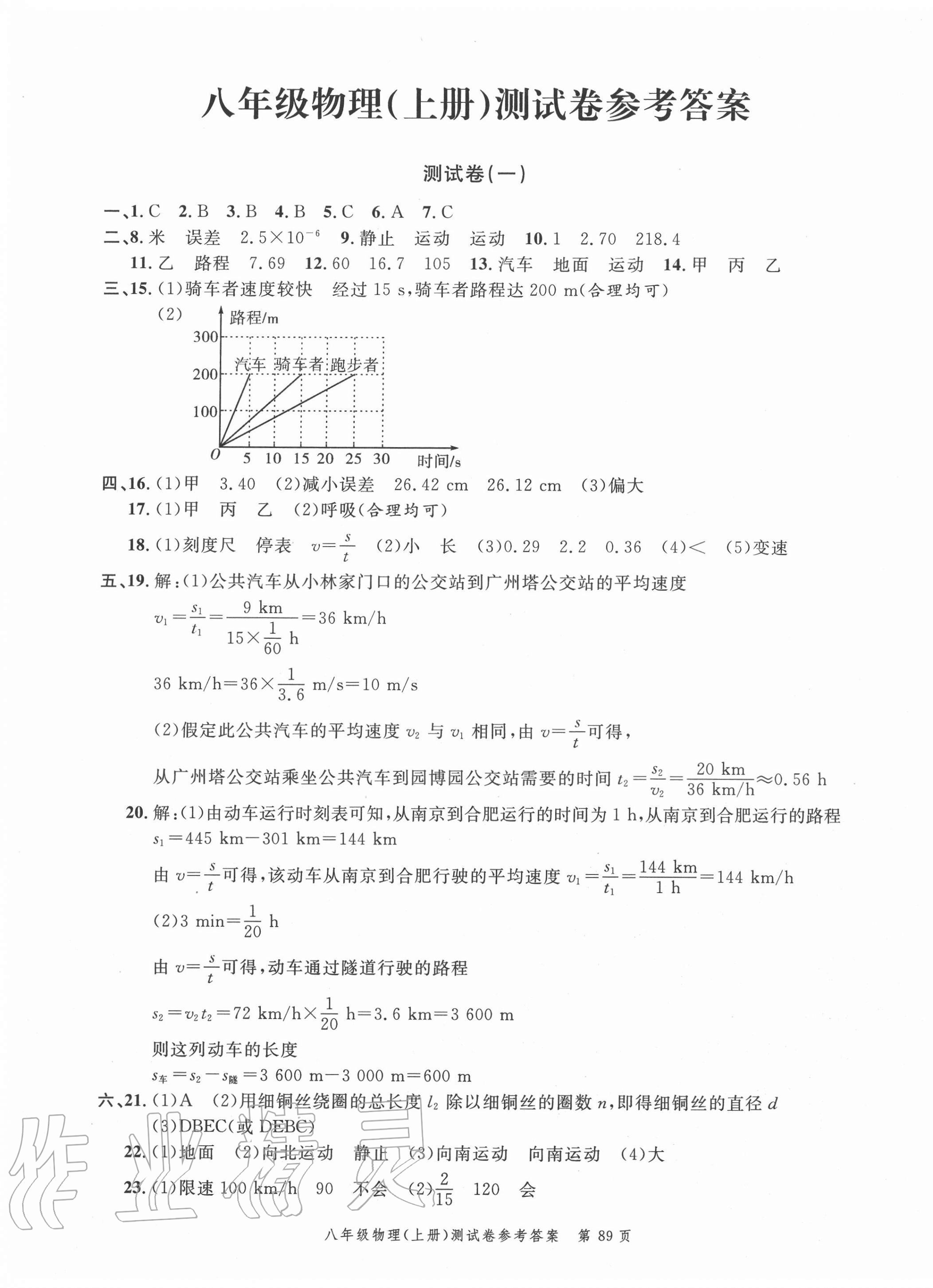 2020年南粤学典名师金典测试卷八年级物理上册人教版 第1页